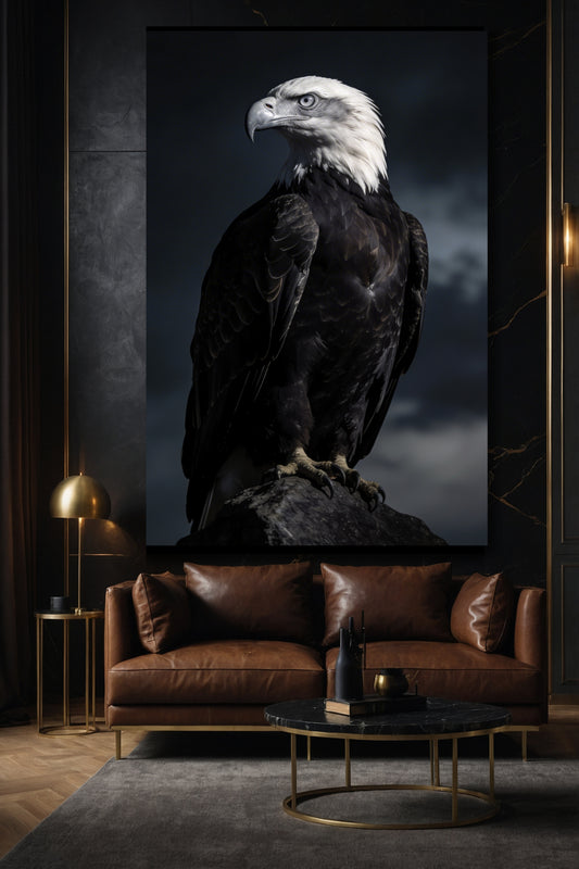Adler Leinwand 40x60 Zoll über braunem Ledersofa in elegantem Wohnzimmer mit dunkler Wand und warmen Lichtakzenten