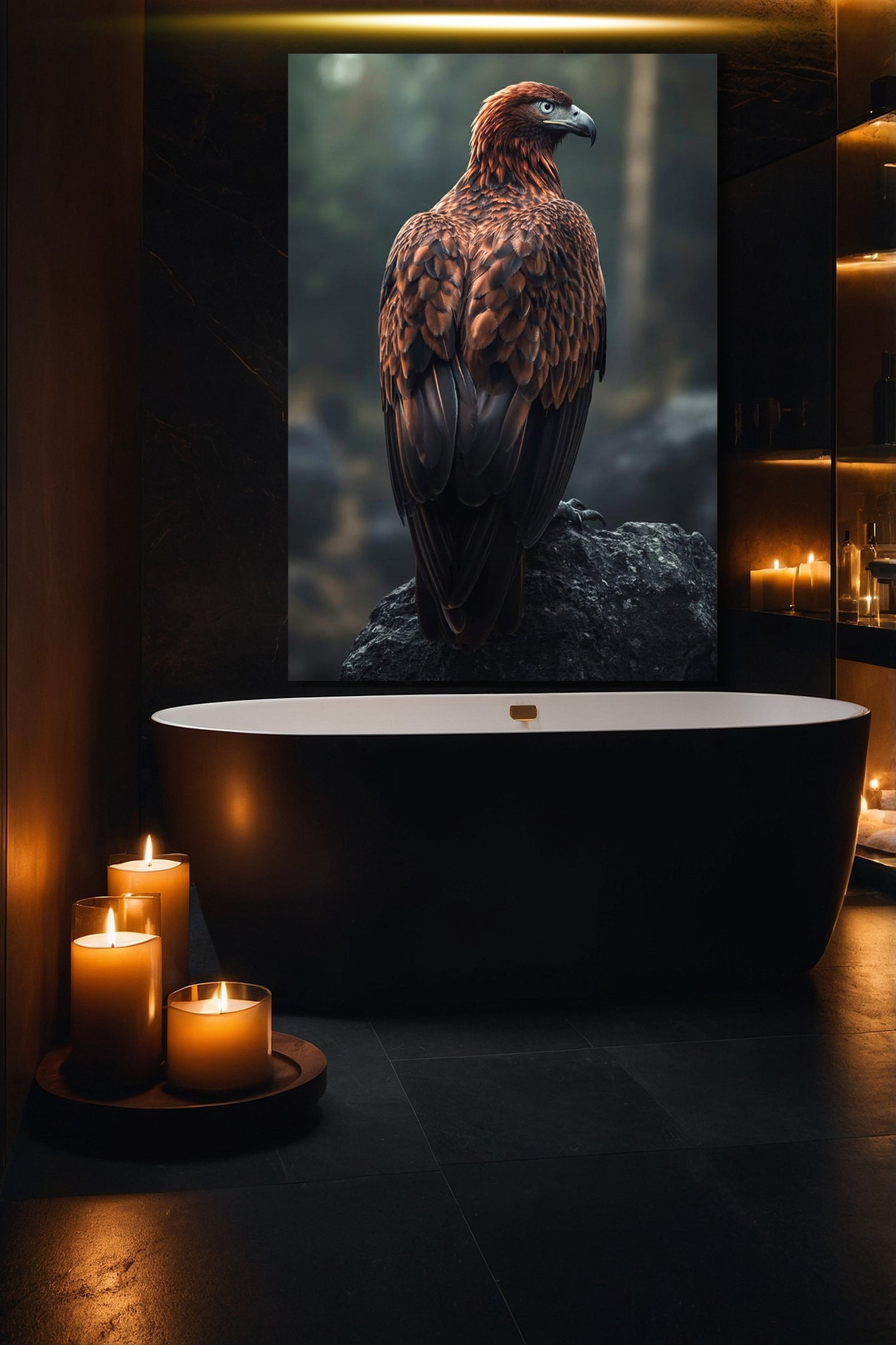 Adler Wandkunst auf Leinwand im Badezimmer über freistehender Badewanne – ruhige und elegante Tierkunst im Format 40x60 Zoll