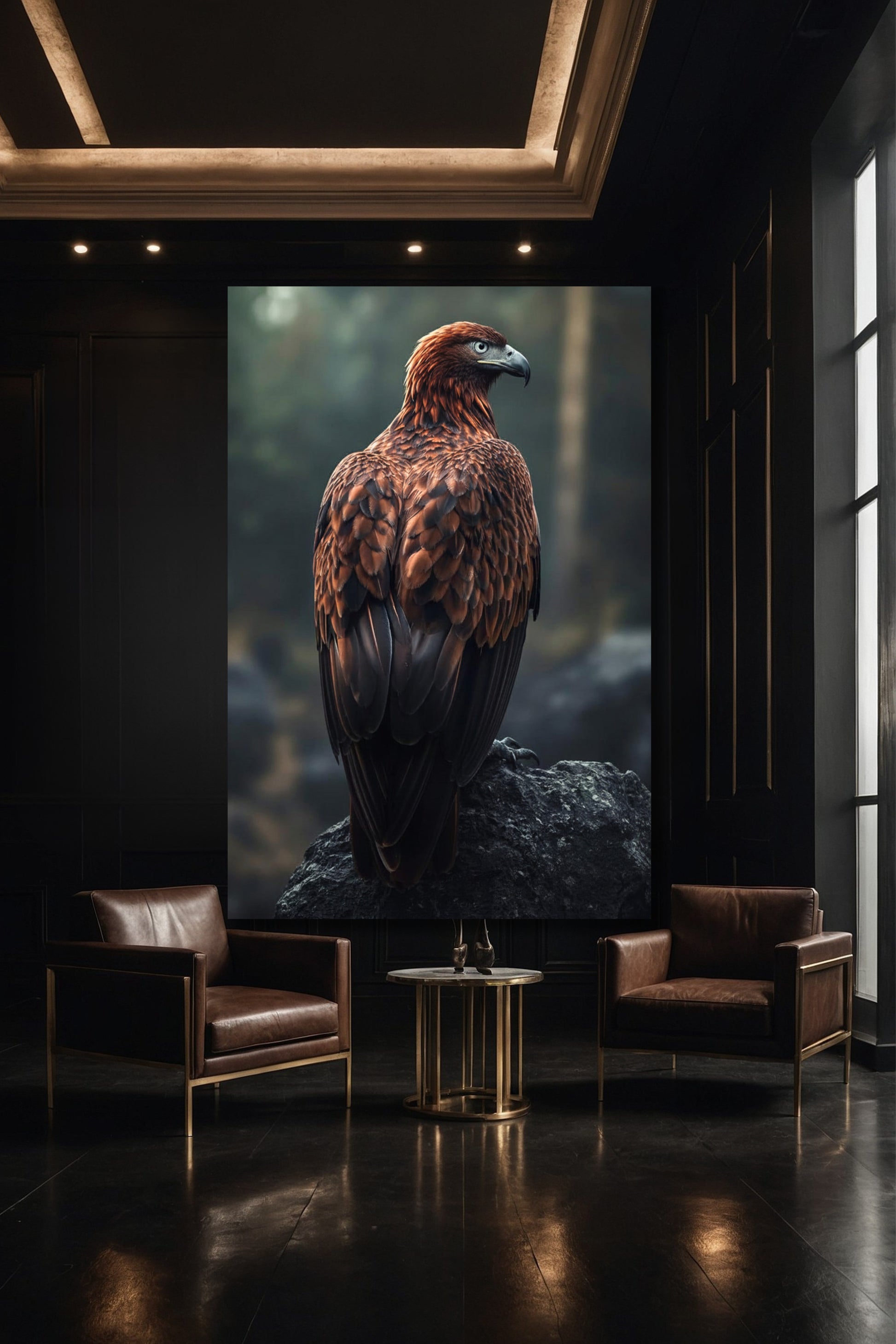 Adler Wandkunst auf Leinwand in moderner Galerie mit dunklem Interieur – ausdrucksstarke Tierkunst im Format 40x60 Zoll
