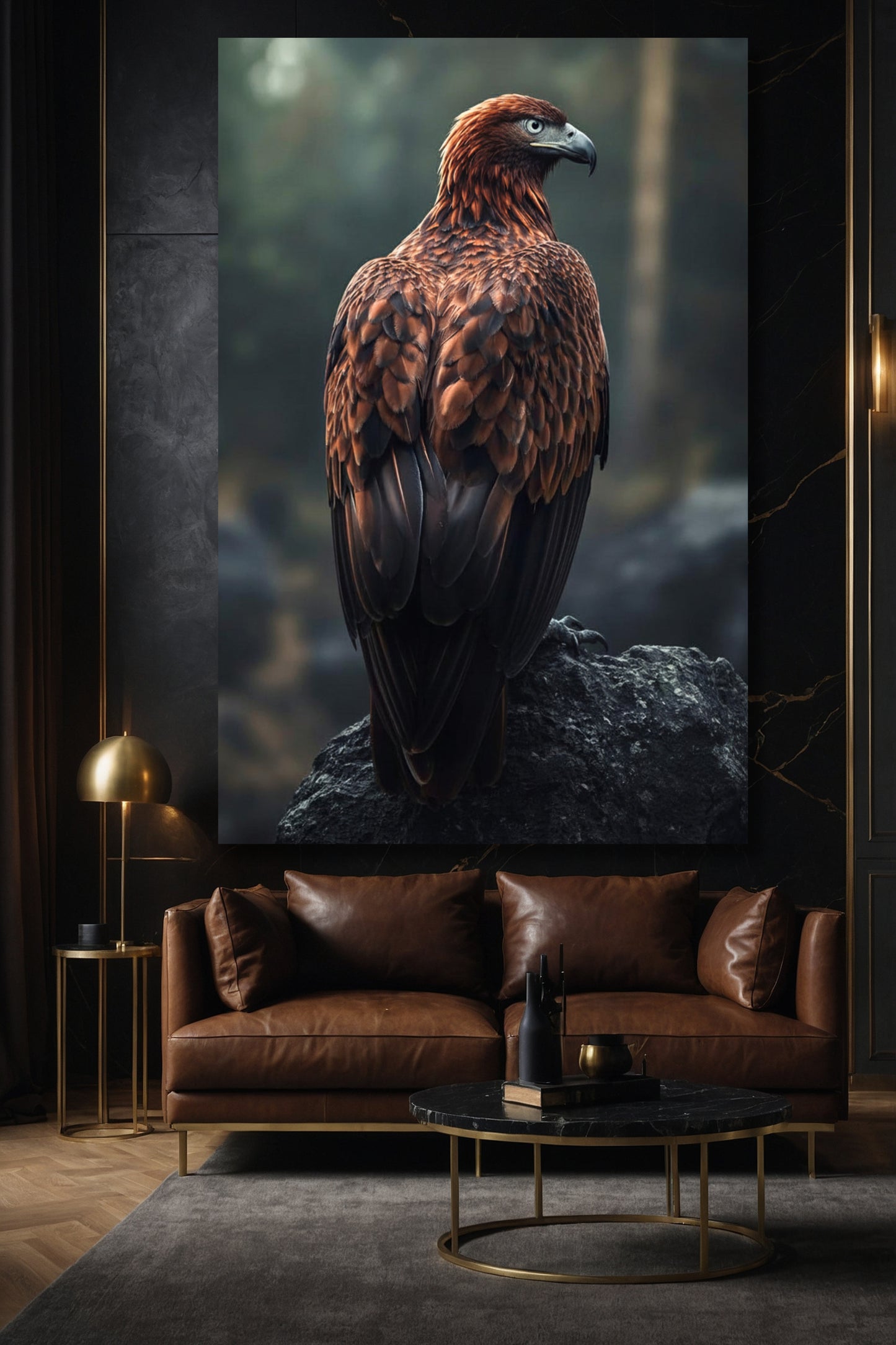 Adler Wandkunst auf Leinwand im Wohnzimmer über braunem Ledersofa – ruhige Tierkunst mit klarer Bildwirkung im Format 40x60 Zoll