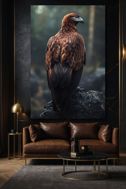 Adler Wandkunst auf Leinwand im Wohnzimmer über braunem Ledersofa – ruhige Tierkunst mit klarer Bildwirkung im Format 40x60 Zoll
