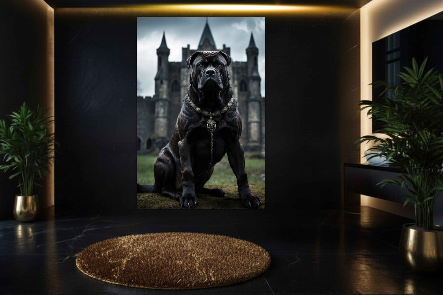 Cane Corso Poster vor alter Festung als ausdrucksstarke Wandkunst in stilvollem Badezimmer mit Goldakzenten und dunkler Wand.