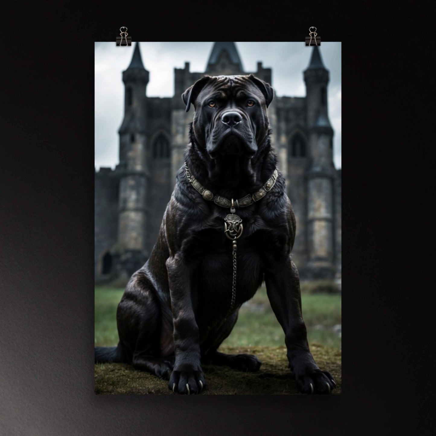 Cane Corso Poster vor alter Festung mit dramatischer Atmosphäre als hochwertige Wandkunst.