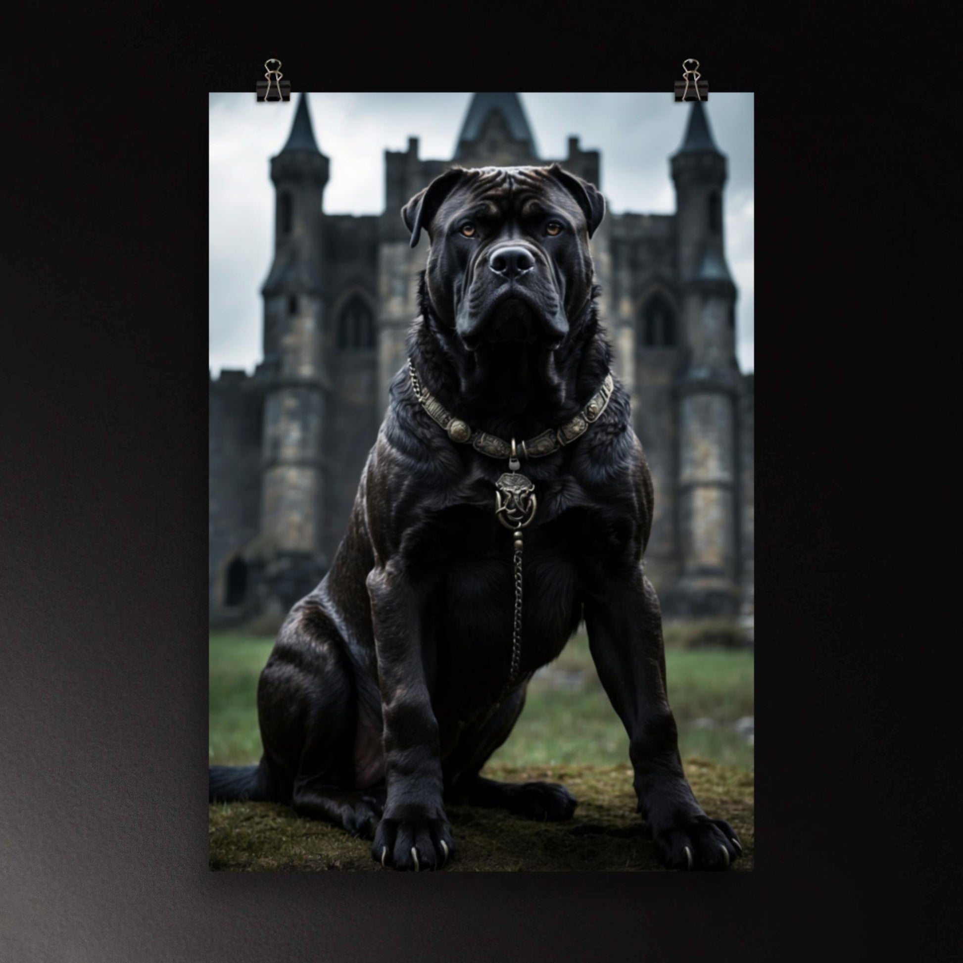 Cane Corso Poster vor alter Festung mit dramatischer Atmosphäre als hochwertige Wandkunst.