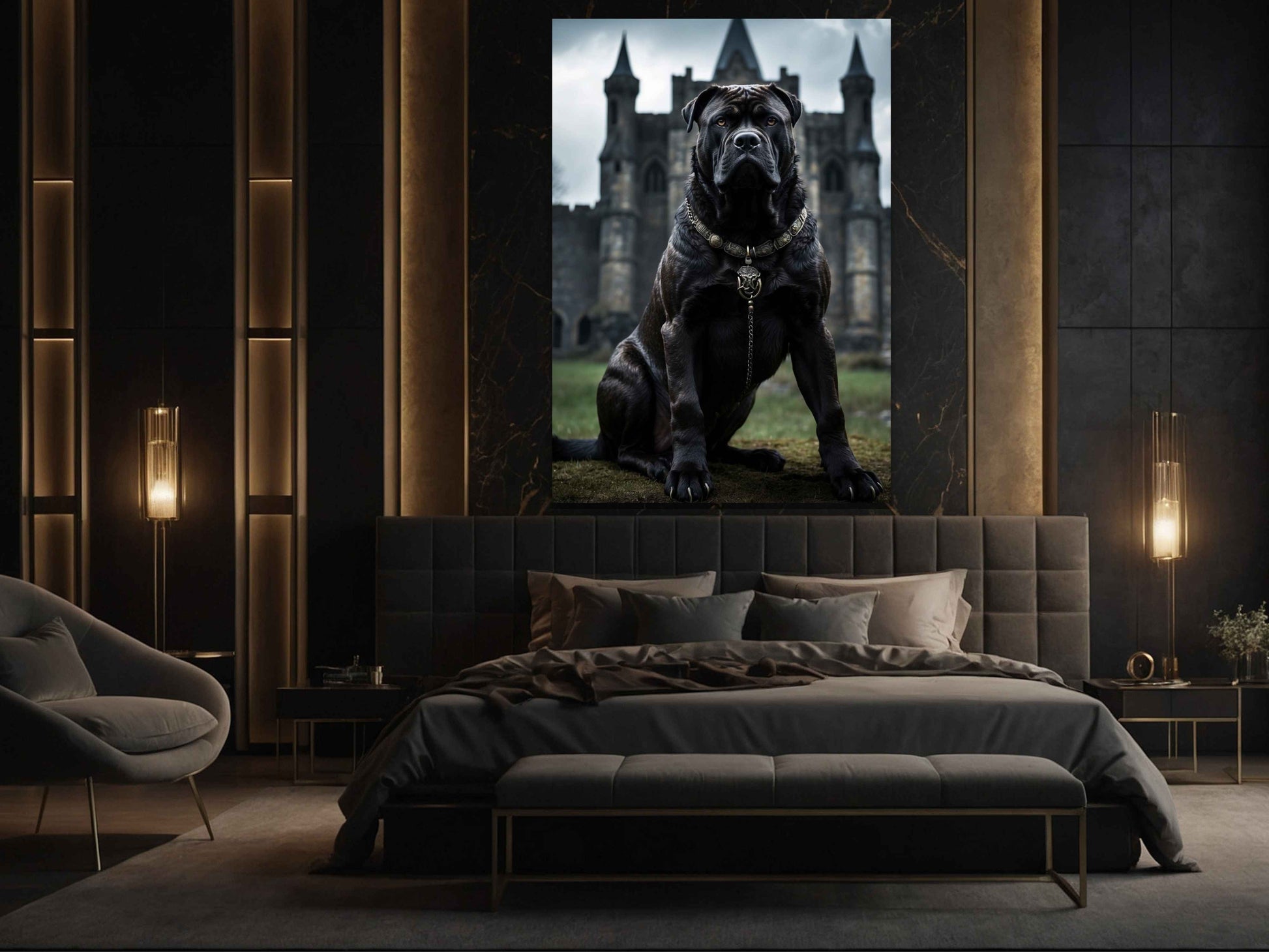 Cane Corso Poster vor alter Festung als ausdrucksstarke Wandkunst in elegantem Schlafzimmer über einem Bett mit dunkler Wand und Messingakzenten
