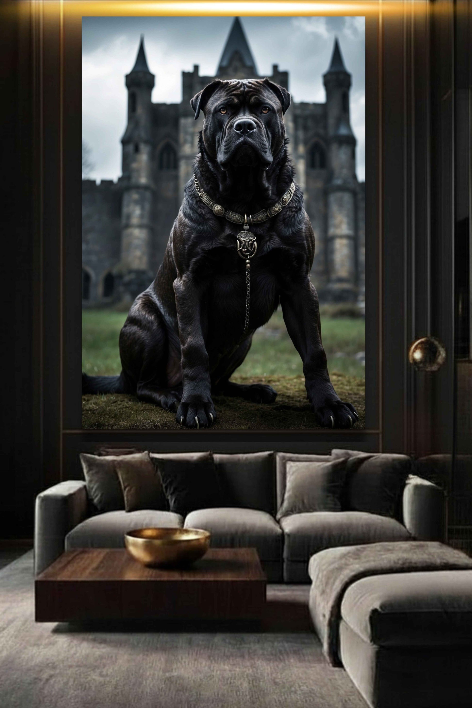 Cane Corso Poster vor alter Festung als kraftvolle Wandkunst im Wohnzimmer über einem Sofa