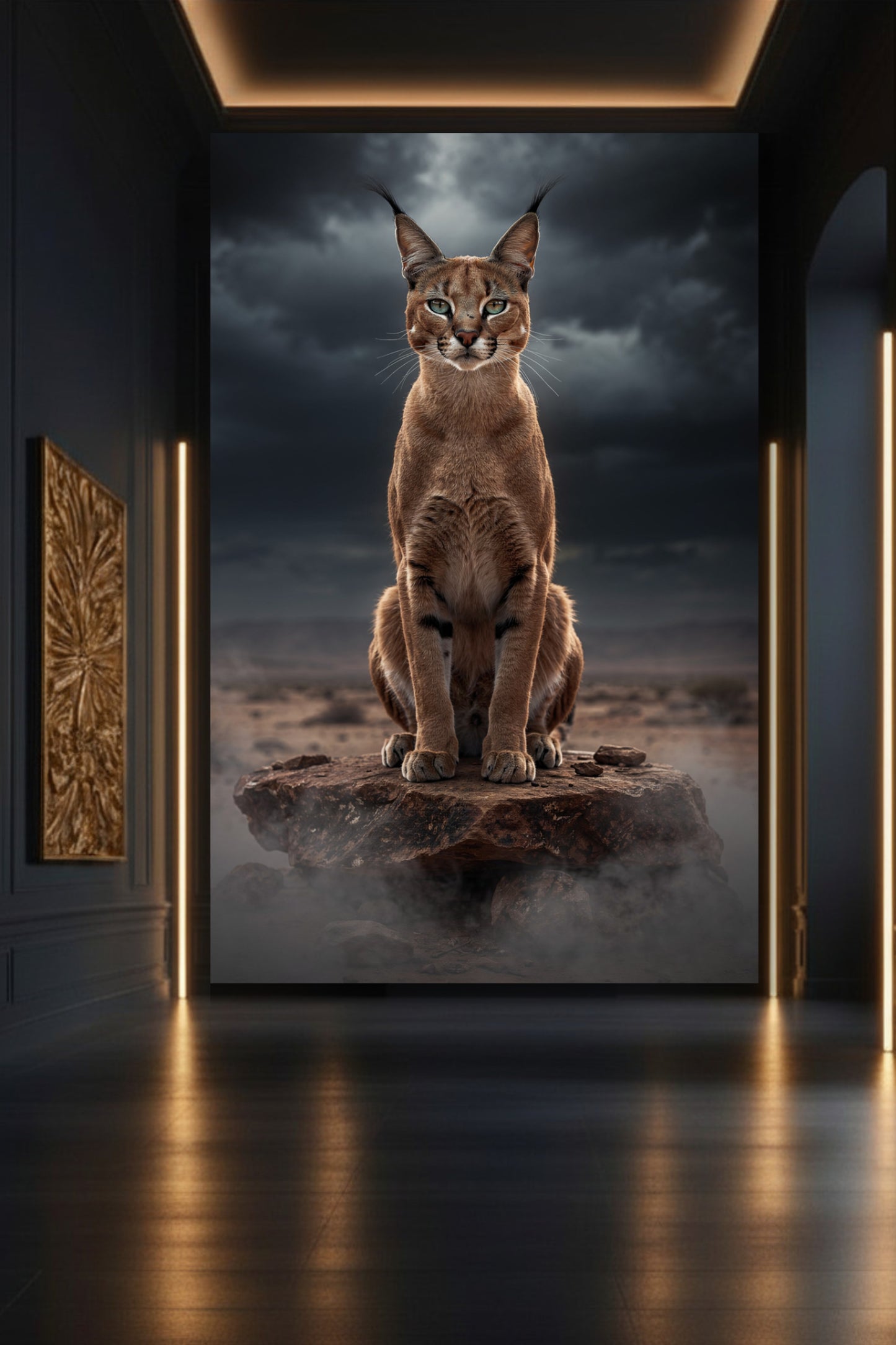 Caracal auf Felsen als Wandkunst auf Leinwand 32x48 Zoll in stilvoller Galerie mit dunkler Wand und warmen Lichtakzenten – ausdrucksstarke Tierkunst mit intensiver Präsenz