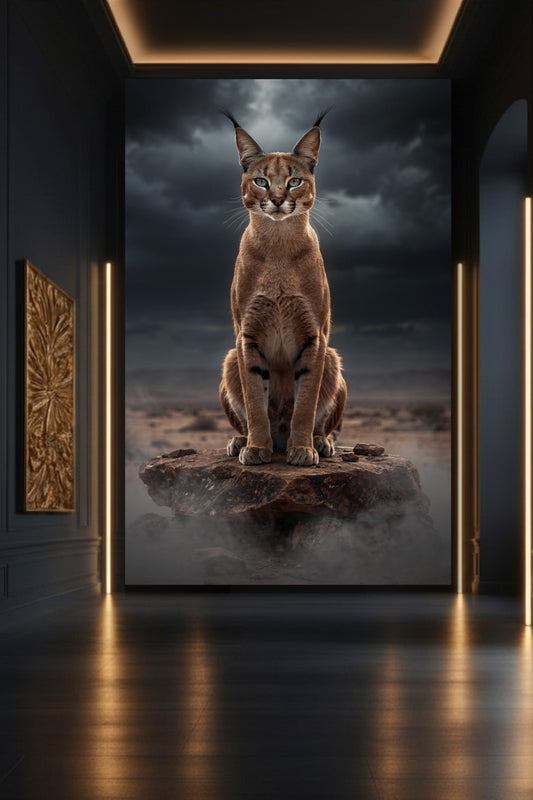 Caracal auf Felsen als Wandkunst auf Leinwand 32x48 Zoll in stilvoller Galerie mit dunkler Wand und warmen Lichtakzenten – ausdrucksstarke Tierkunst mit intensiver Präsenz