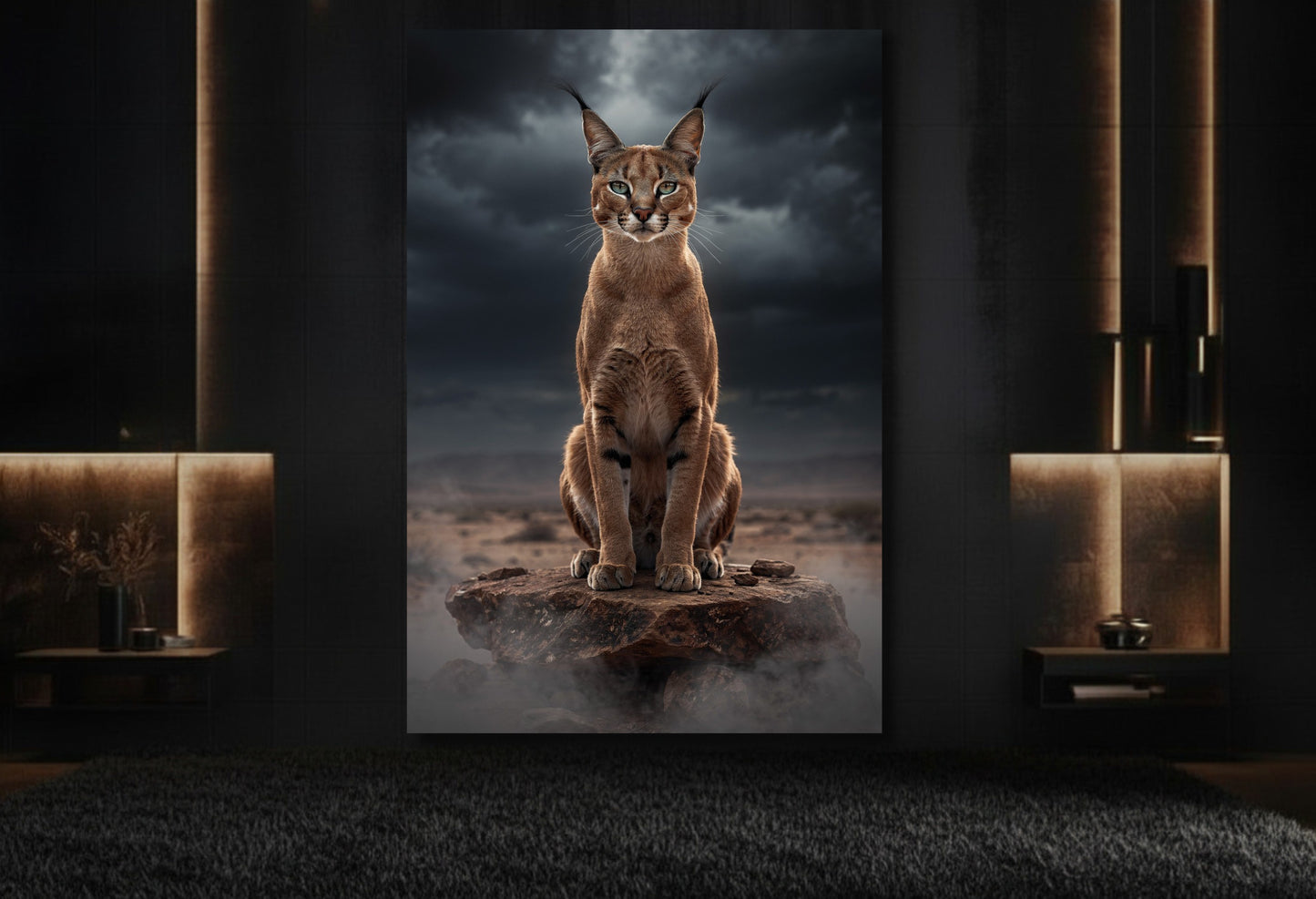 Caracal auf Felsen Wandkunst auf Leinwand im Format 32×48 Zoll in elegantem Lounge Bereich mit dunkler Wandgestaltung und Messingakzenten