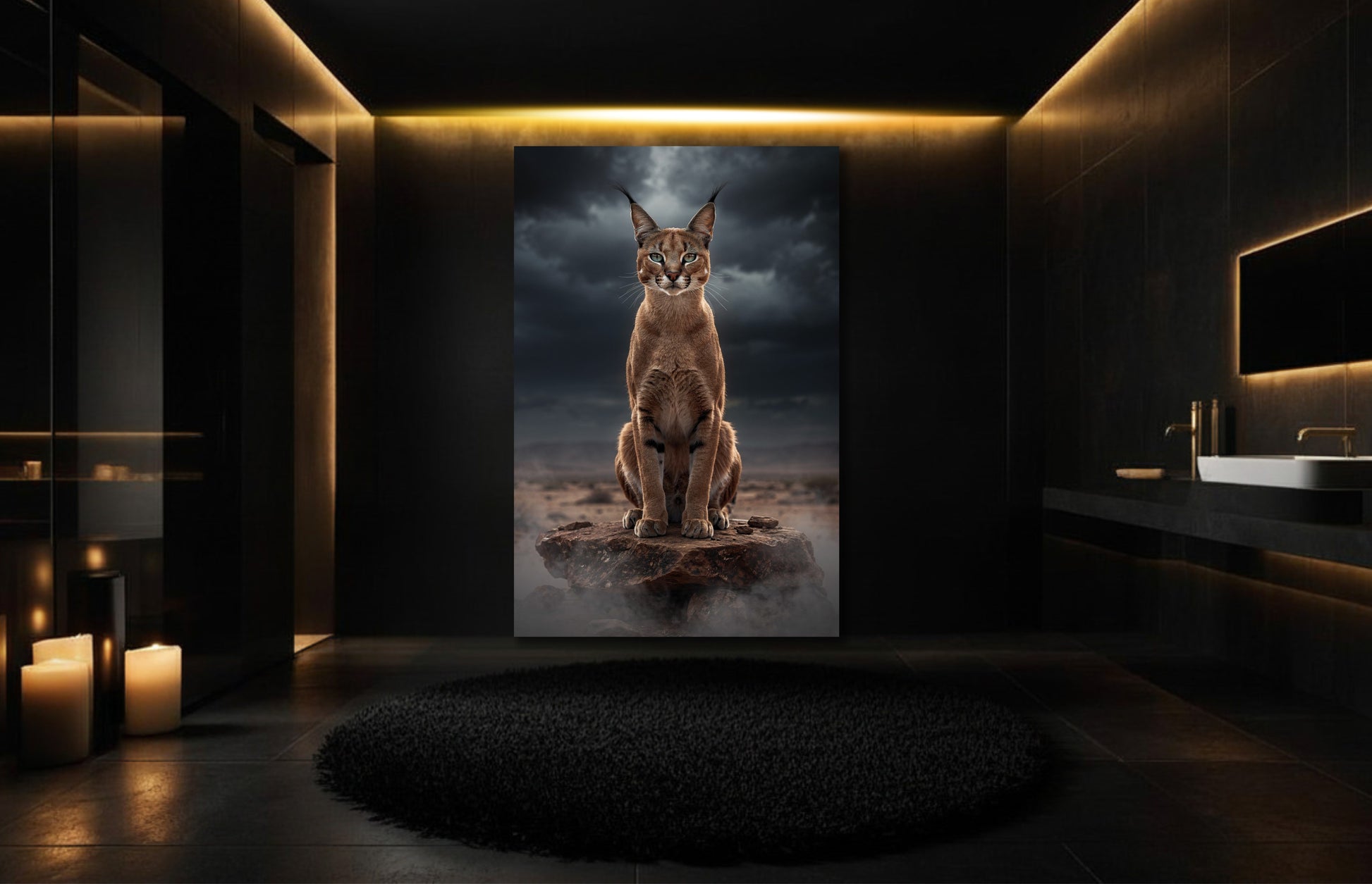 Caracal auf Felsen Wandkunst auf Leinwand im Format 32×48 Zoll in elegantem Badezimmer mit warmer Beleuchtung