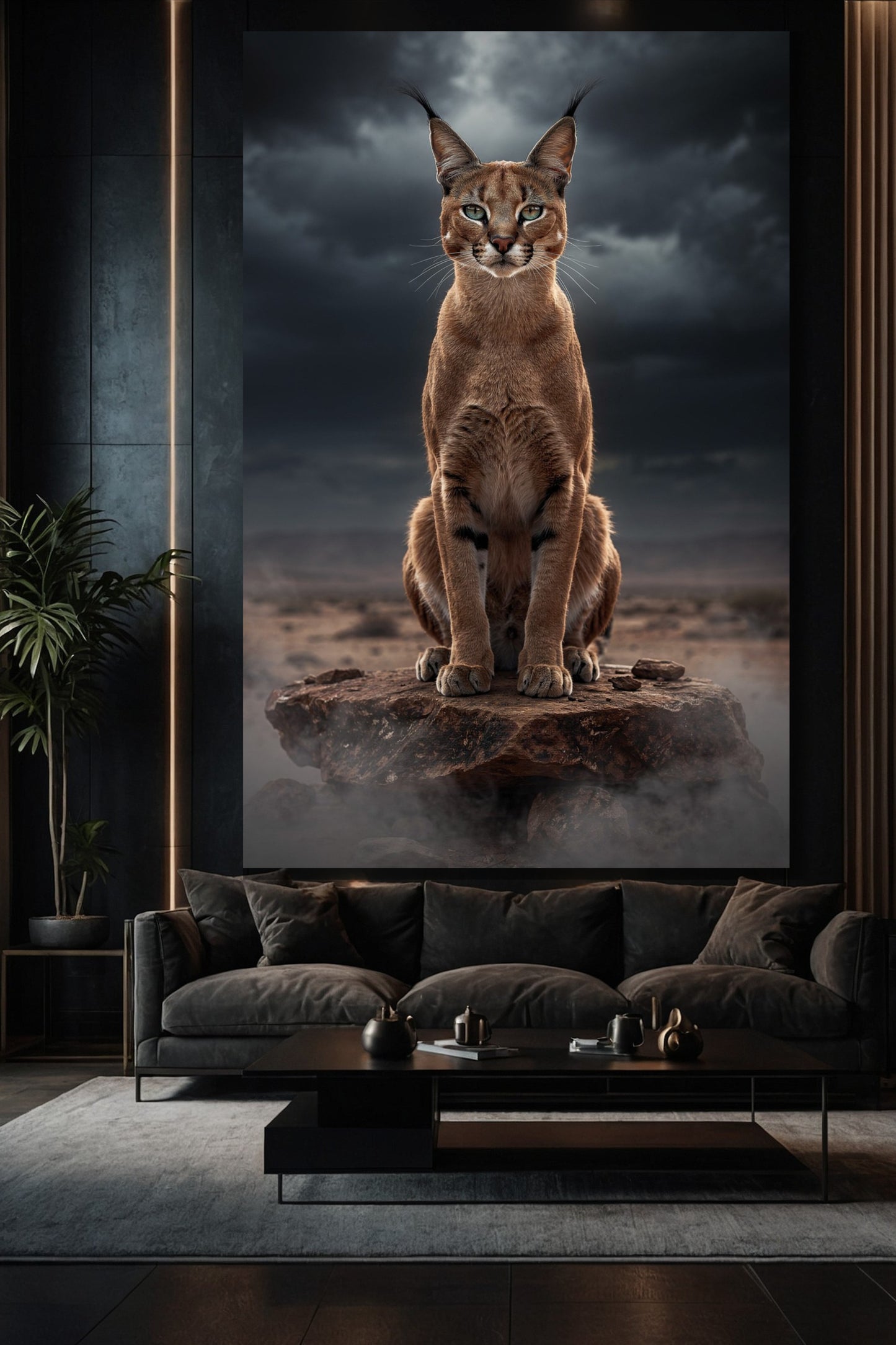 Caracal auf Felsen Wandkunst auf Leinwand im Format 32×48 Zoll über einem Sofa in stilvollem Wohnzimmer mit dunkler Wand