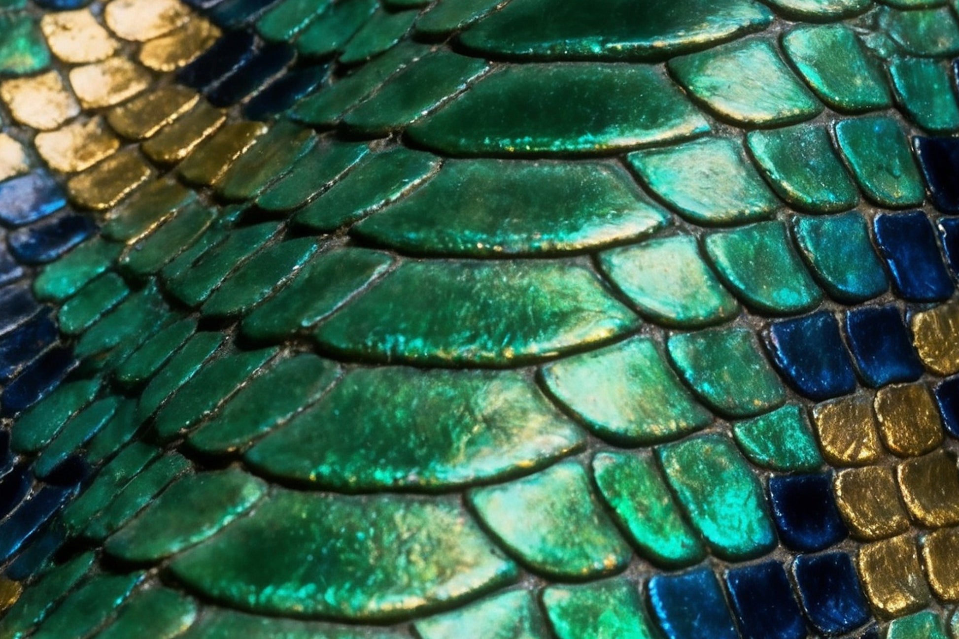 Detailaufnahme der schimmernden Reptilienlederstruktur mit grün-blauen Schuppen und metallischen Lichtreflexen auf einer luxuriösen Desk Mat