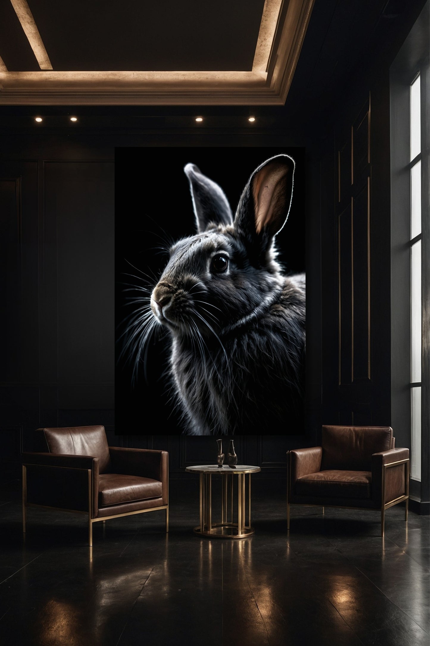 Hasenporträt mit grauem Hasen auf schwarzem Hintergrund als Leinwand im Format 40x60 Zoll in einer eleganten Galerie mit zwei Sesseln und warmem Licht.