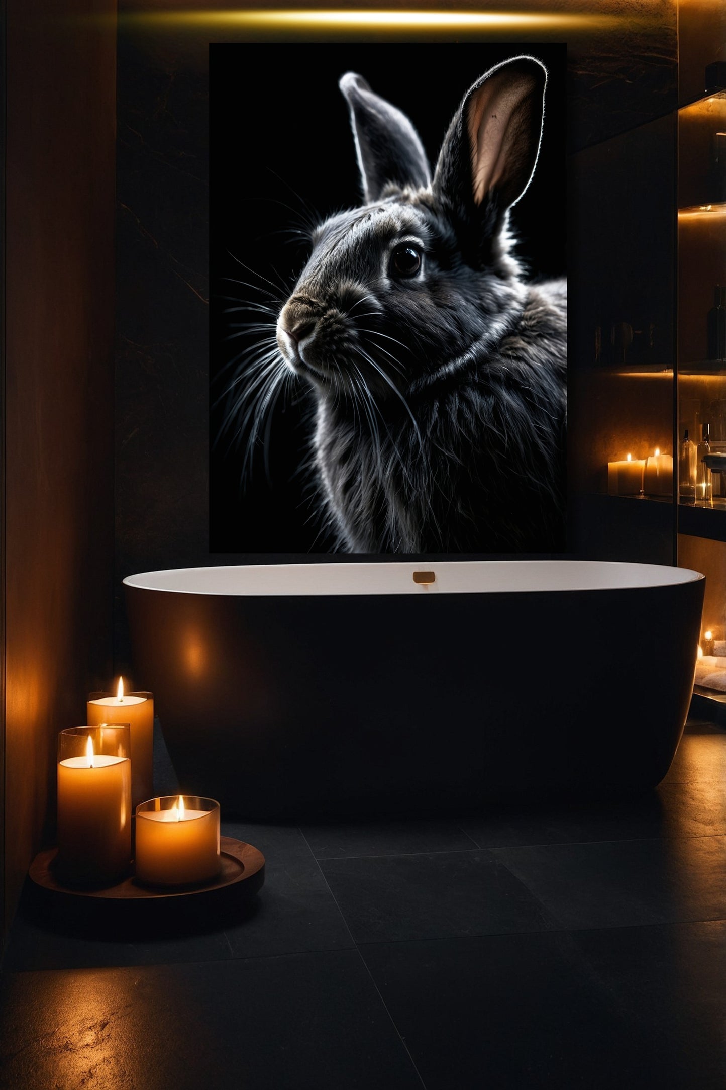 Hasenporträt mit grauem Hasen auf schwarzem Hintergrund als Leinwand im Format 40x60 Zoll über einer freistehenden Badewanne in einem luxuriösen Badezimmer.