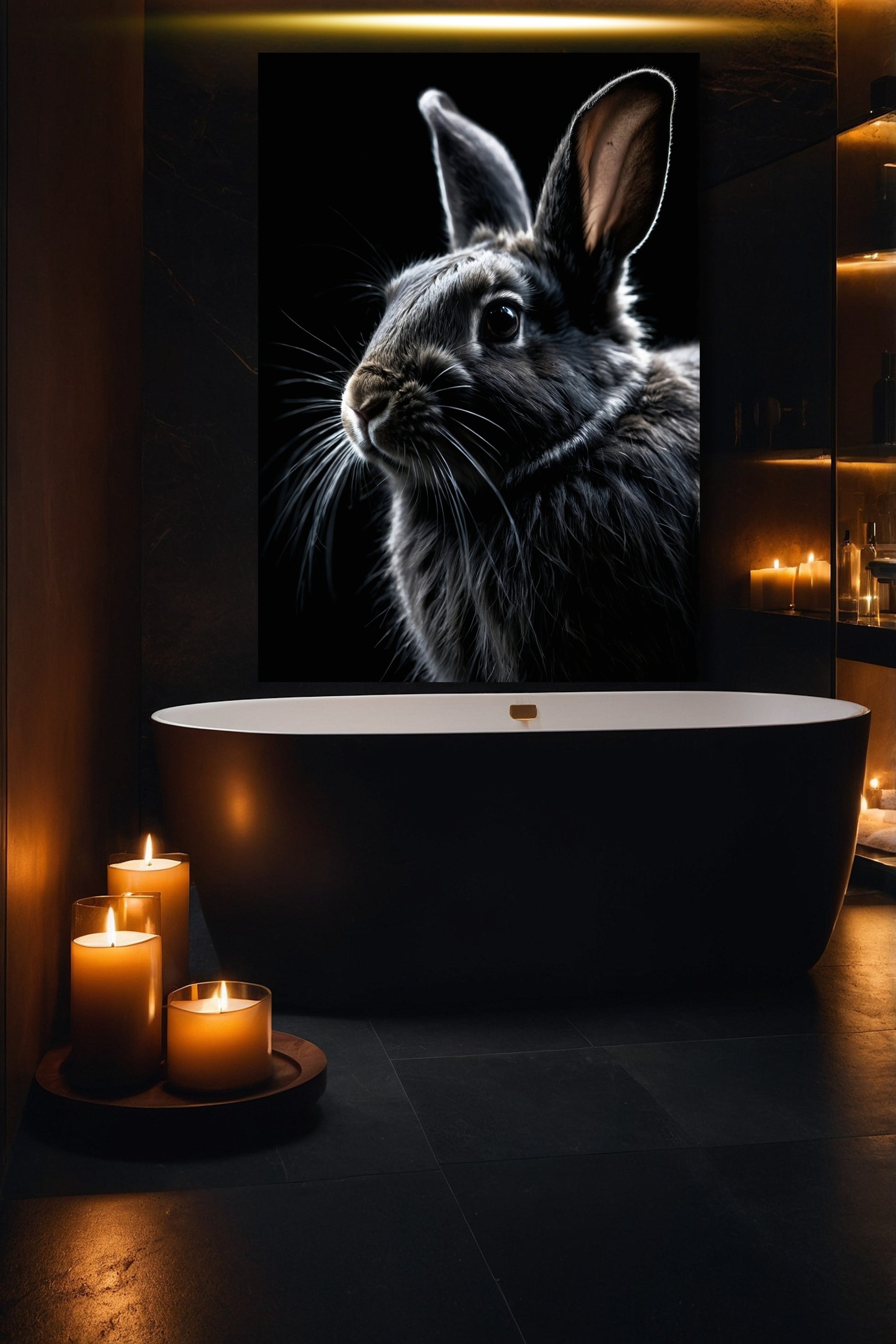 Hasenporträt mit grauem Hasen auf schwarzem Hintergrund als Leinwand im Format 40x60 Zoll über einer freistehenden Badewanne in einem luxuriösen Badezimmer.