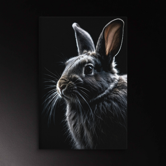 Hasenporträt mit grauem Hasen auf schwarzem Hintergrund als Leinwand im Format 40x60 Zoll mit dramatischer Lichtführung und feinen Fellstrukturen.