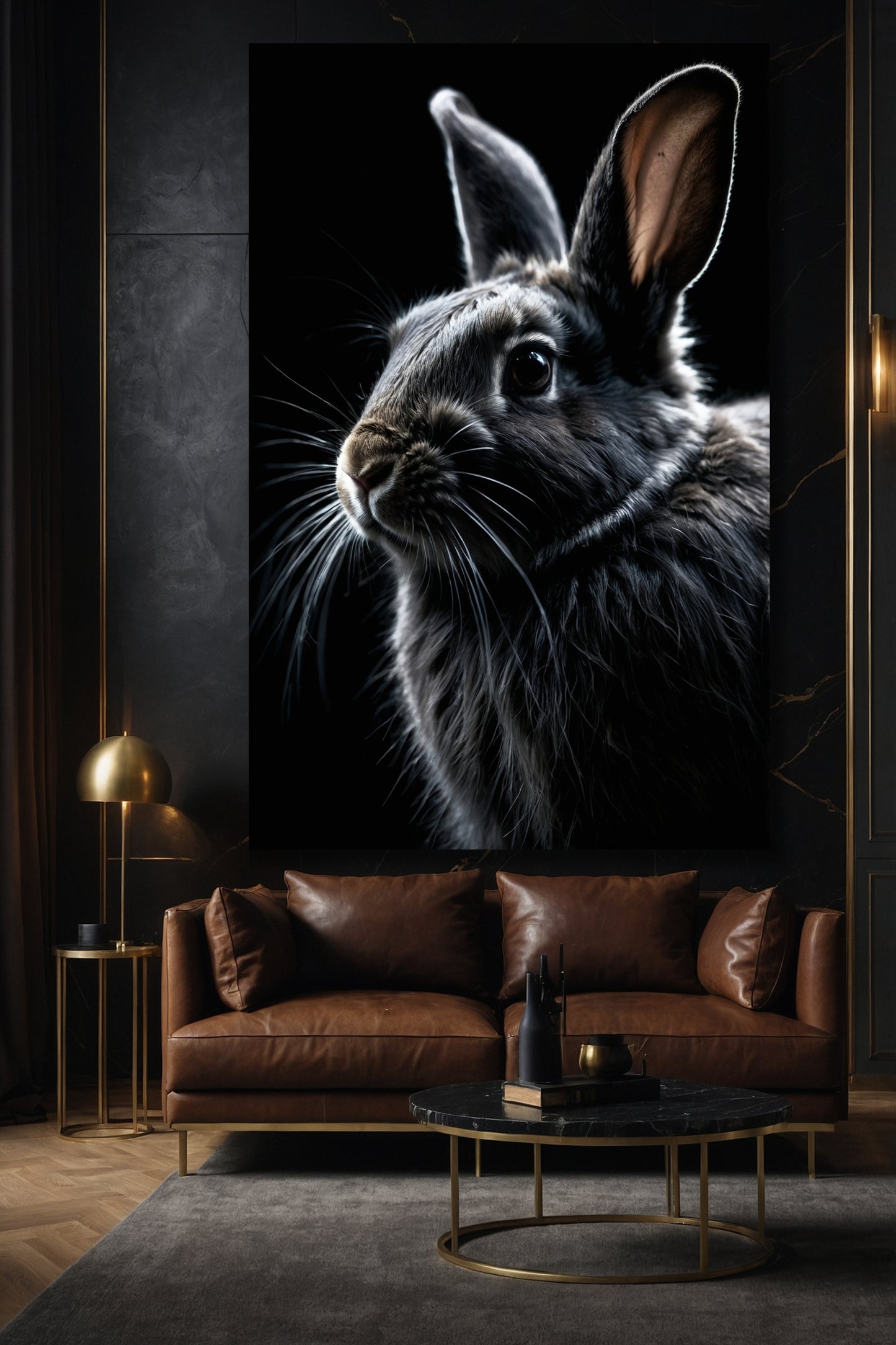 Hasenporträt mit grauem Hasen auf schwarzem Hintergrund als Leinwand im Format 40x60 Zoll über einem Sofa in einem eleganten Wohnzimmer mit warmem Licht