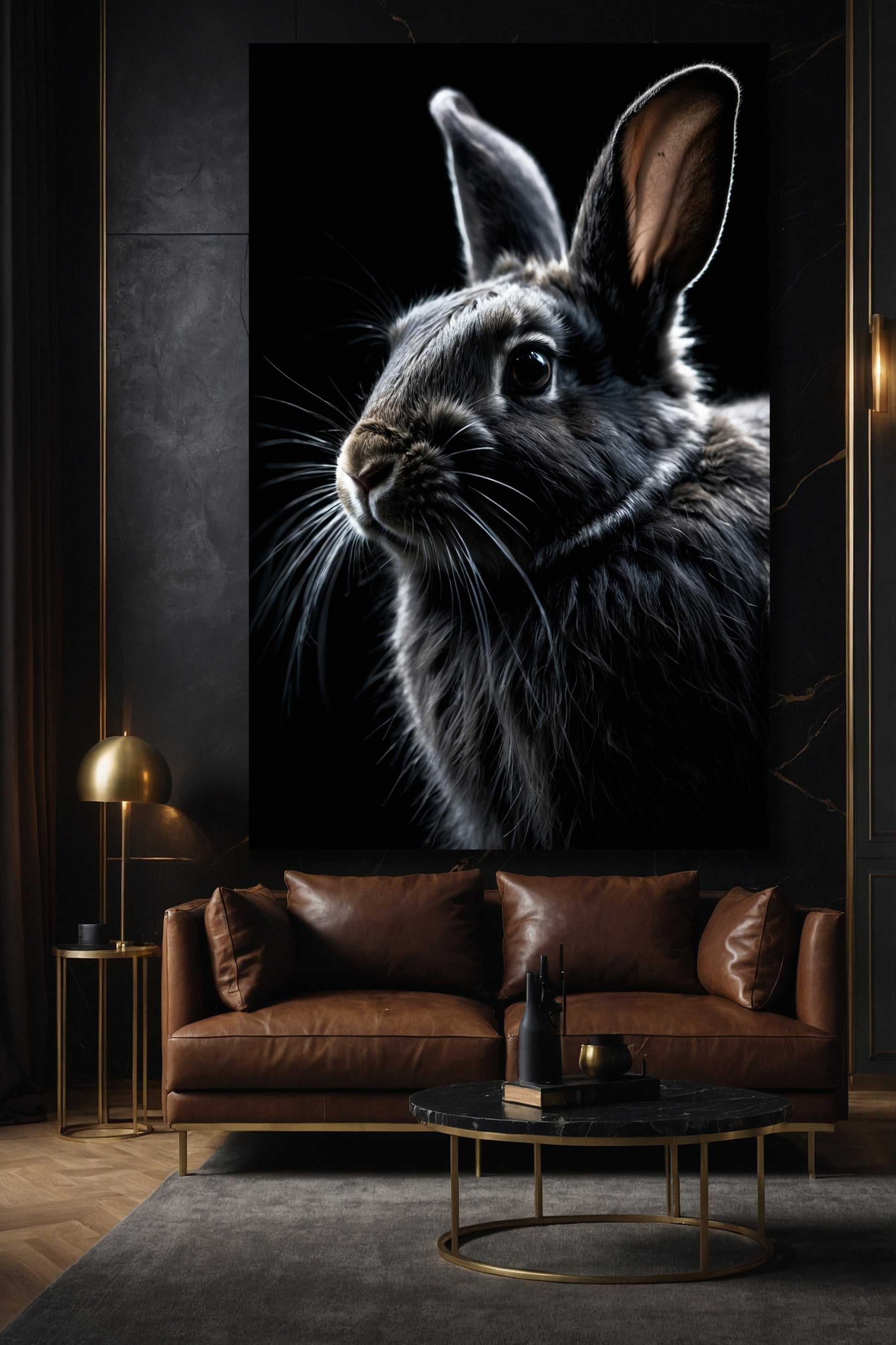 Hasenporträt mit grauem Hasen auf schwarzem Hintergrund als Leinwand im Format 40x60 Zoll über einem Sofa in einem eleganten Wohnzimmer mit warmem Licht