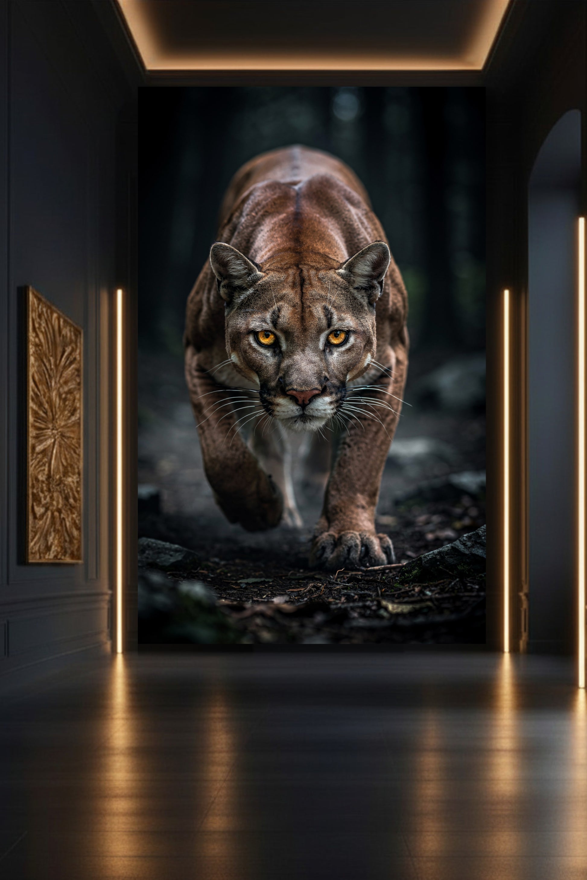 Dunkler Puma im Wald als Wandkunst auf Leinwand 32x48 Zoll in eleganter Galerie mit dunkler Wand und warmen goldfarbenen Lichtakzenten – ausdrucksstarke Tierkunst mit intensiver Präsenz und Tiefe
