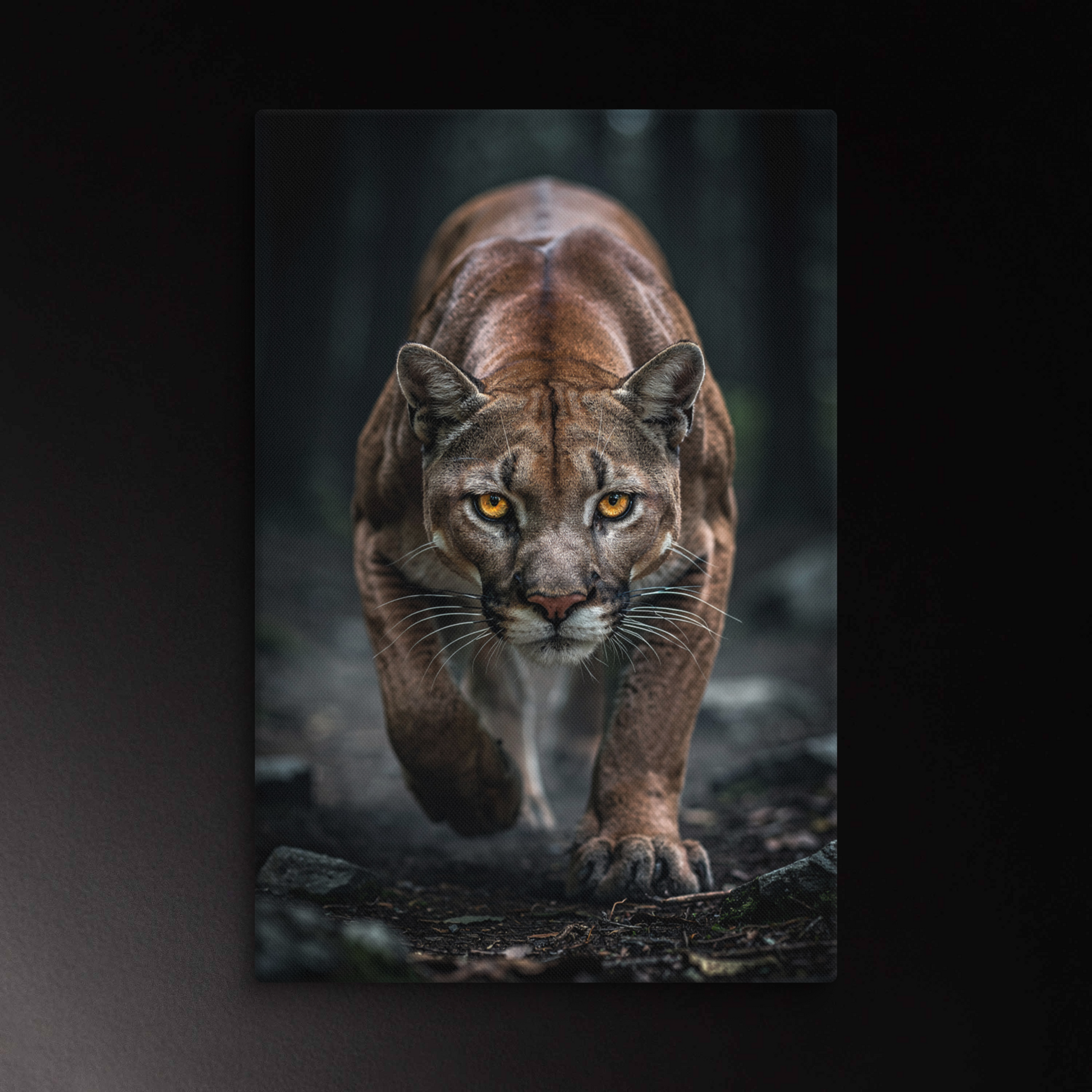 Dunkler Puma im Wald als Wandkunst auf Leinwand 32x48 mit intensivem Blick