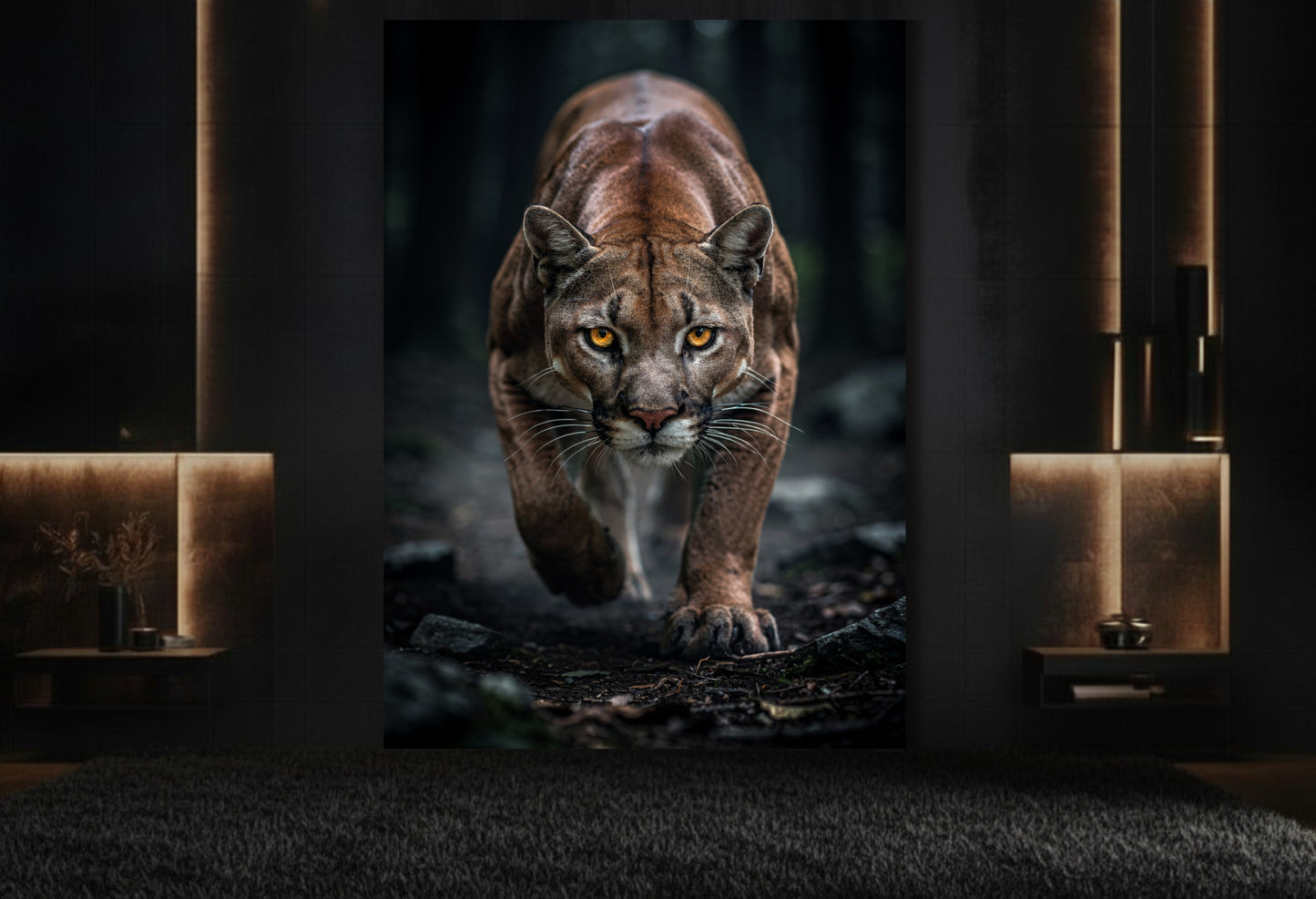 Dunkler Puma im Wald als Wandkunst  auf Leinwand im Format 32x48 Zoll in elegantem Lounge Bereich mit dunkler Wand und Messingakzenten