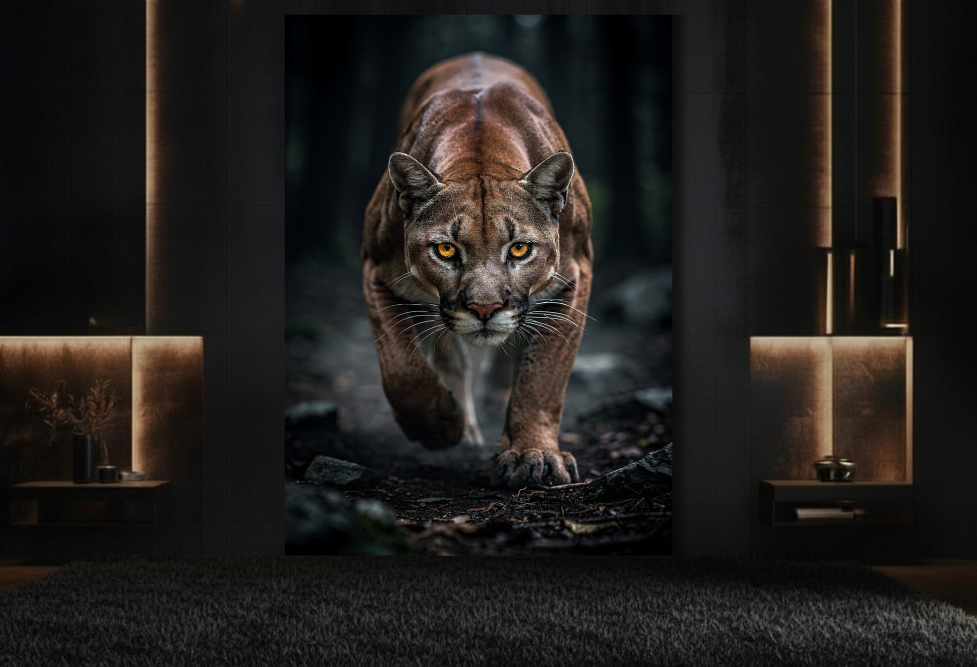 Dunkler Puma im Wald als Wandkunst  auf Leinwand im Format 32x48 Zoll in elegantem Lounge Bereich mit dunkler Wand und Messingakzenten