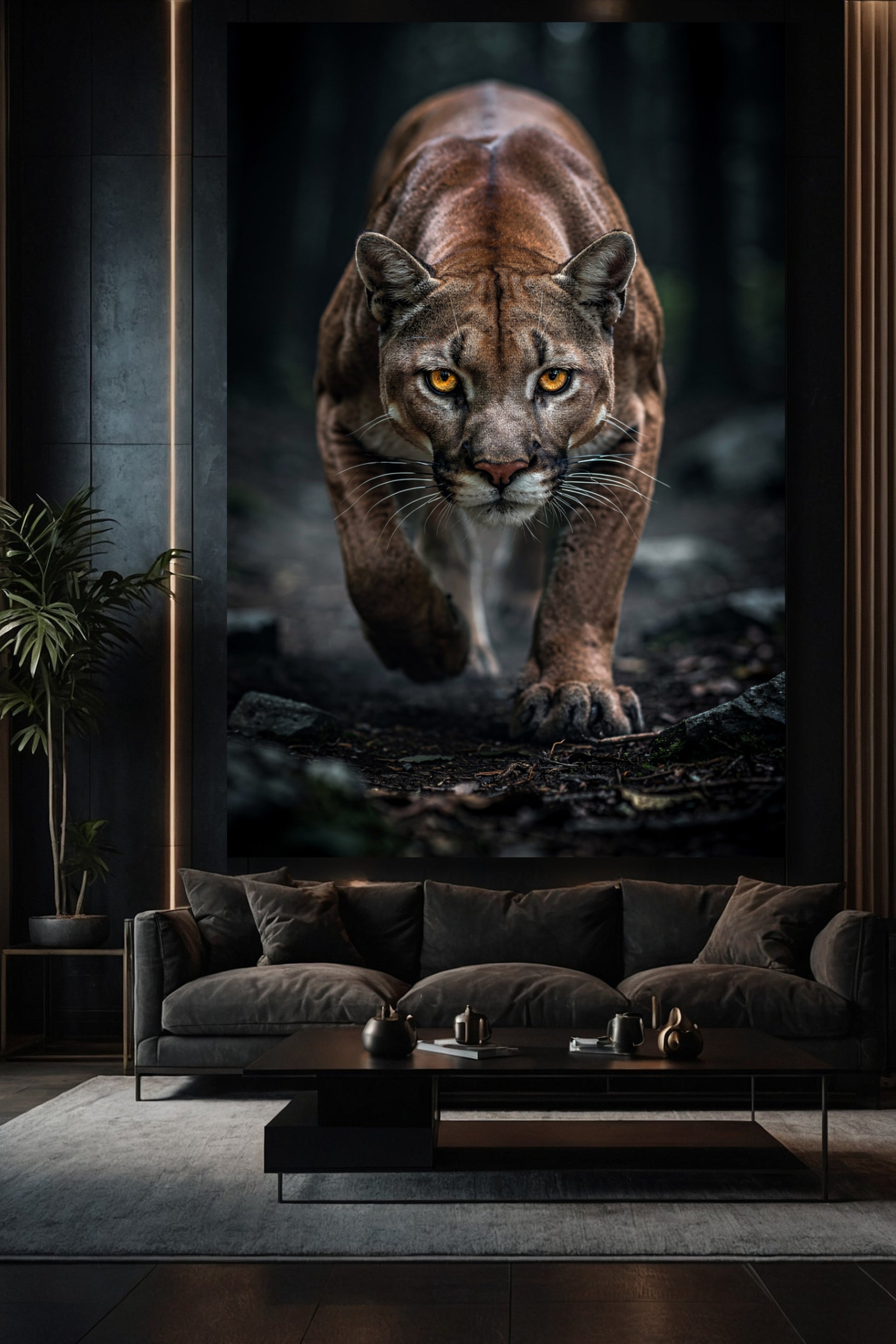 Dunkler Puma im Wald als Wandkunst  auf Leinwand 32x48 über einem Sofa in elegantem Wohnzimmer 