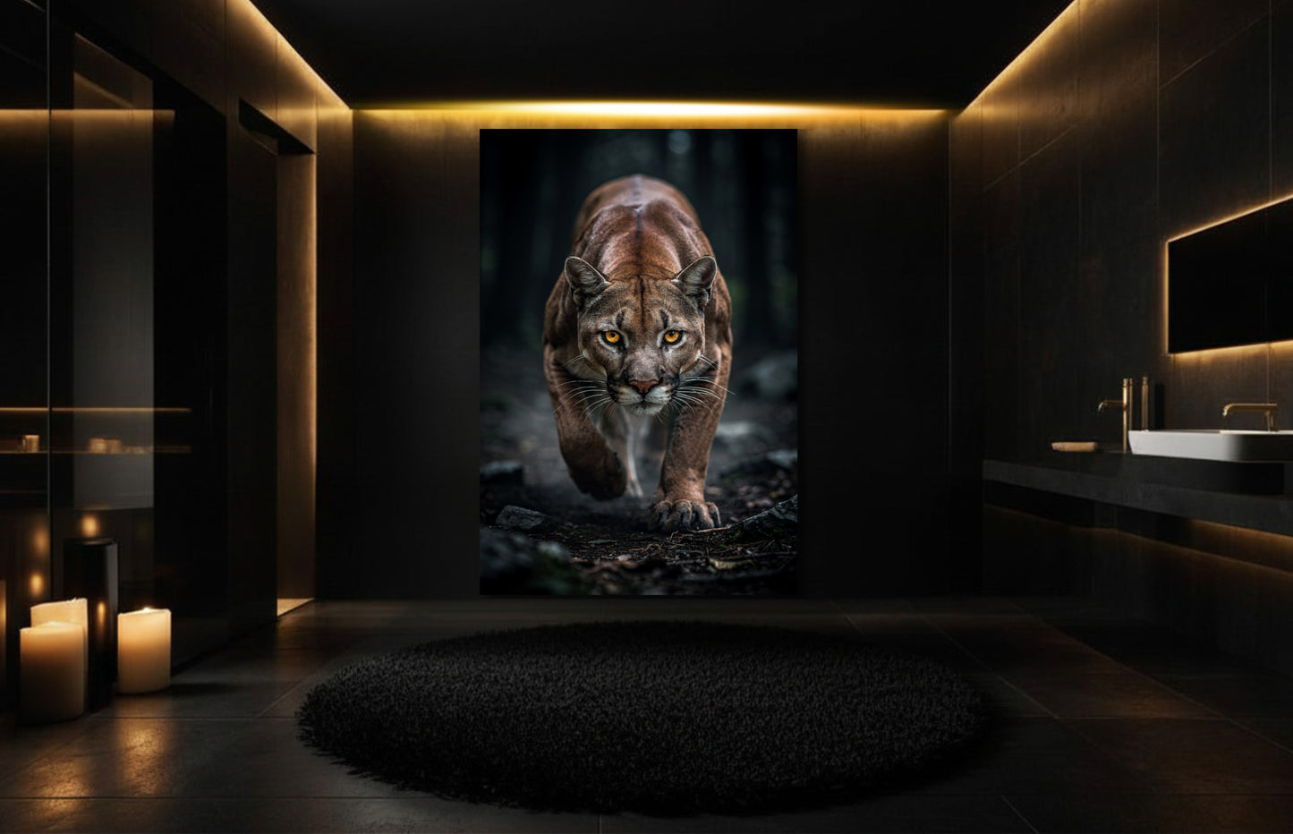 Dunkler Puma im Wald als Wandkunst  auf Leinwand im Format 32x48 Zoll in stilvollem Badezimmer mit warmer Beleuchtung