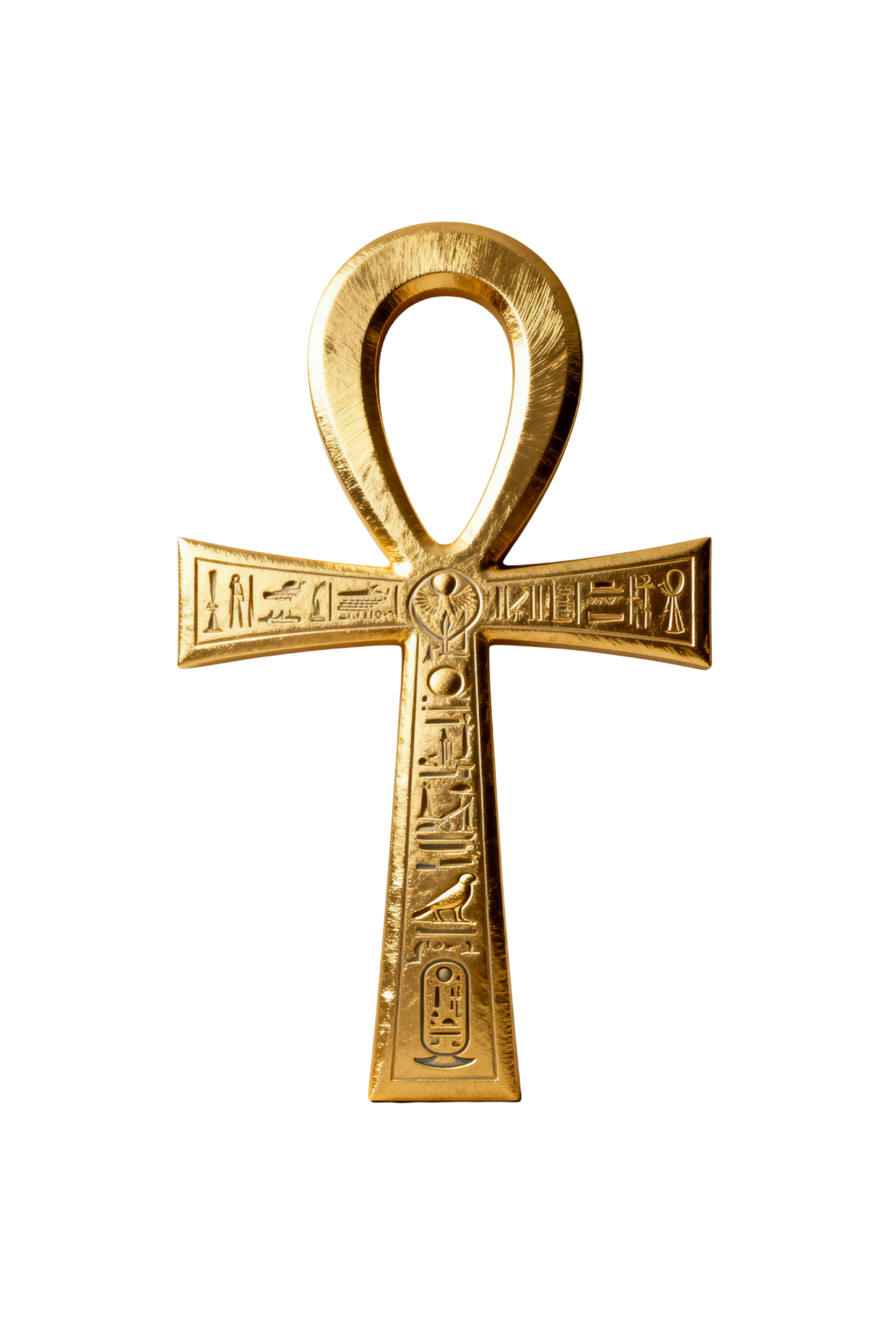 Freigestelltes goldenes Ankh-Symbol mit feinen Hieroglyphengravuren und metallischer Goldstruktur auf transparentem Hintergrund für hochwertige Design- und Produktdarstellungen.