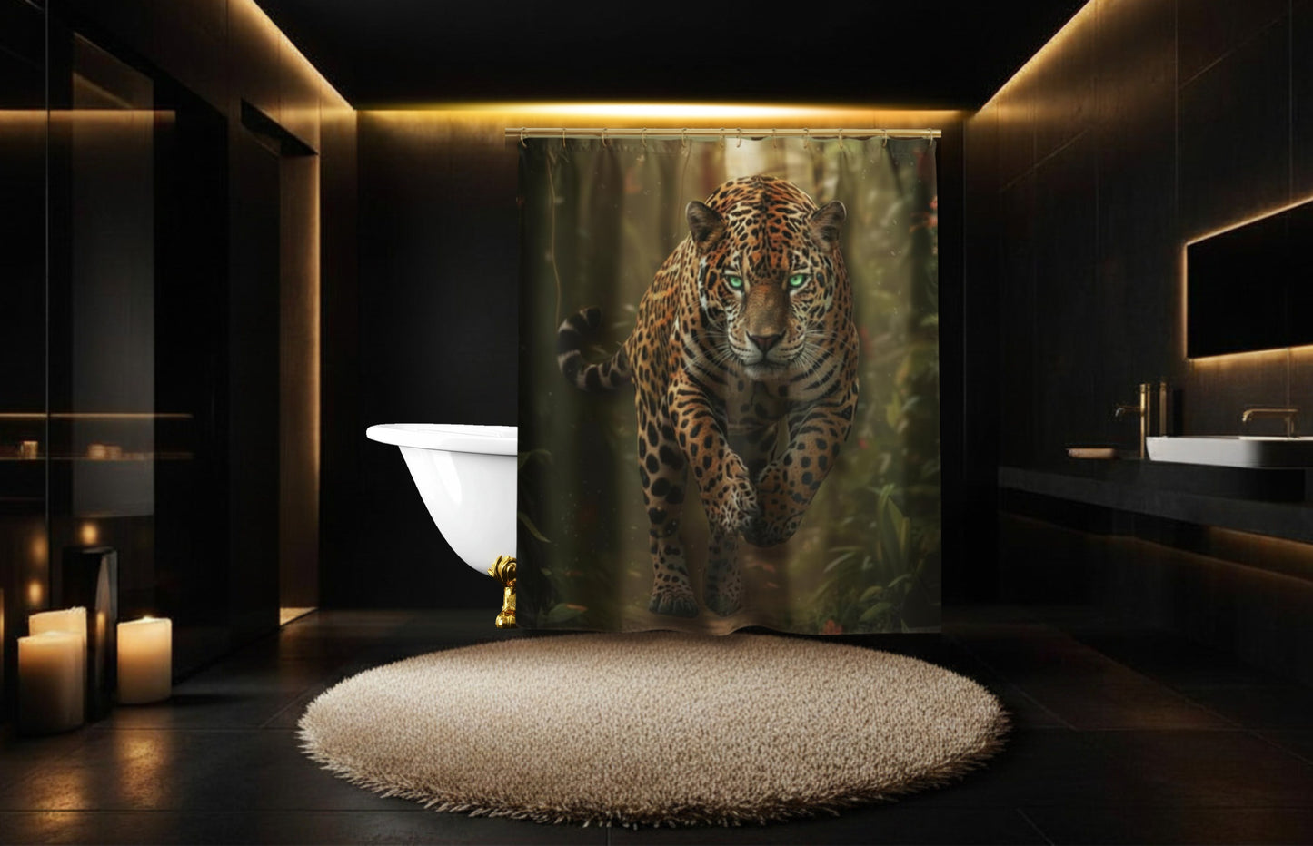Duschvorhang mit Jaguar in kraftvoller Bewegung durch den Regenwald in elegantem Badezimmer mit freistehender Badewanne, warmer Beleuchtung und dunkler Wandgestaltung.