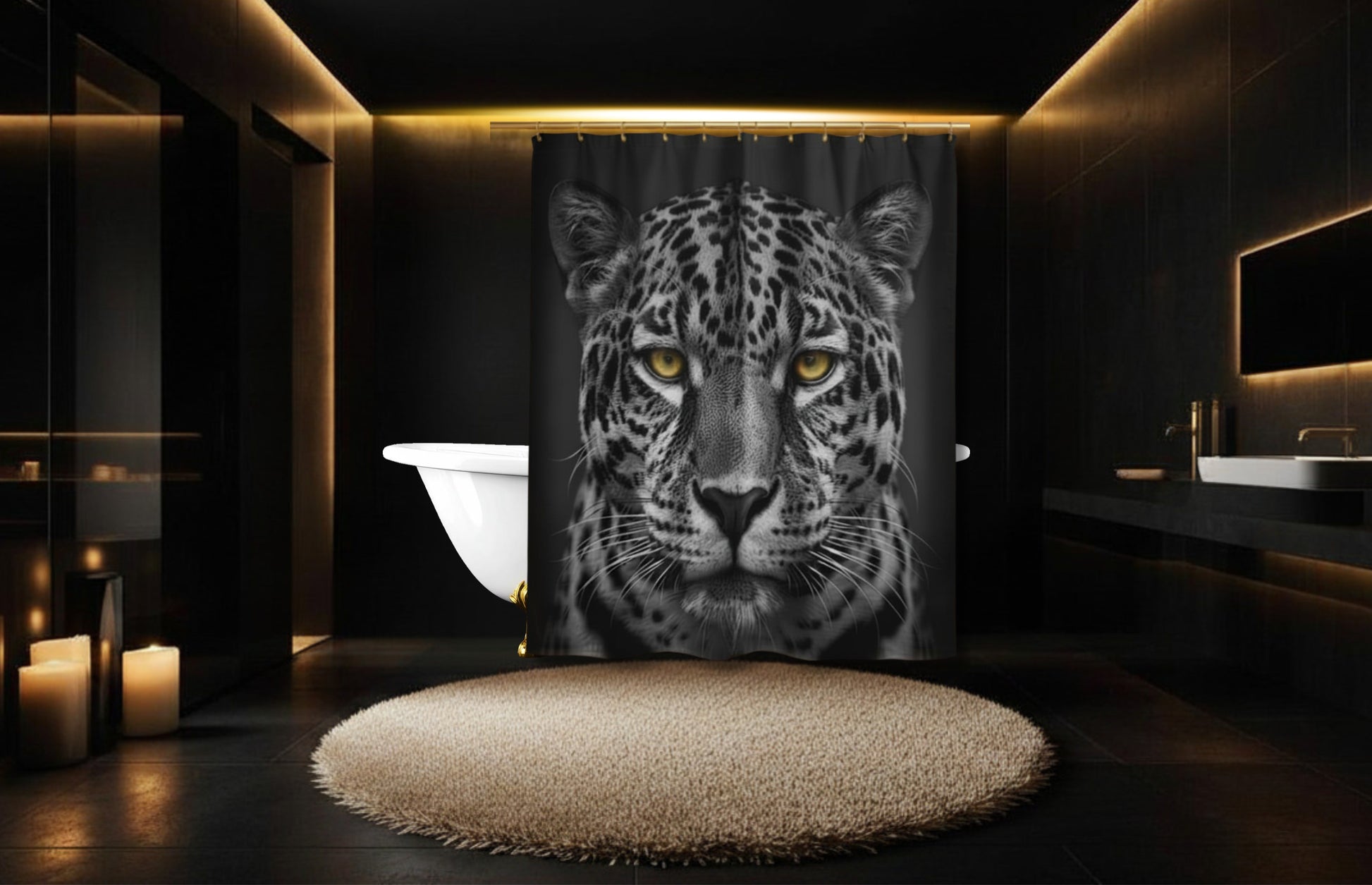Schwarzer Duschvorhang mit Jaguar-Motiv und goldenen Augen in luxuriösem Badezimmer mit freistehender Badewanne, warmem Kerzenlicht und dunkler Wandgestaltung