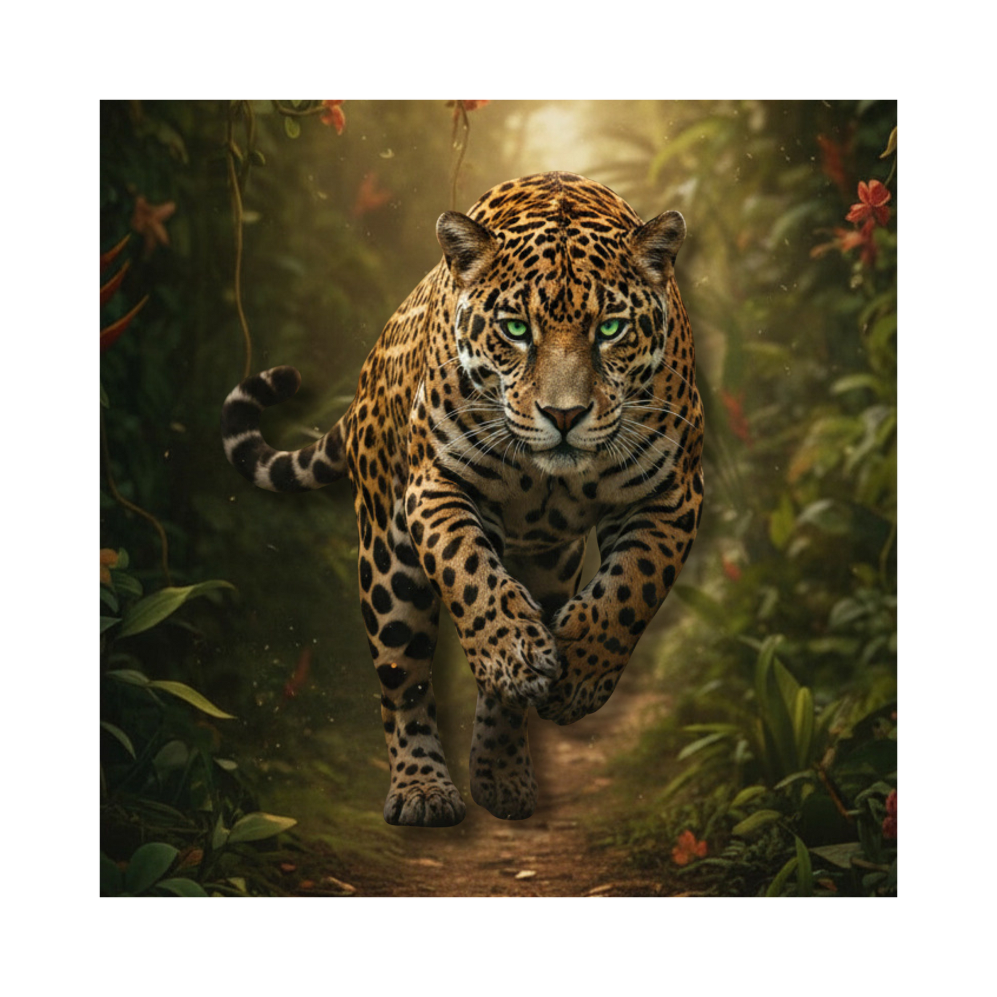 Jaguar in kraftvoller Bewegung durch den Regenwald auf transparentem Hintergrund zur Darstellung des vollständigen Duschvorhang-Designs.