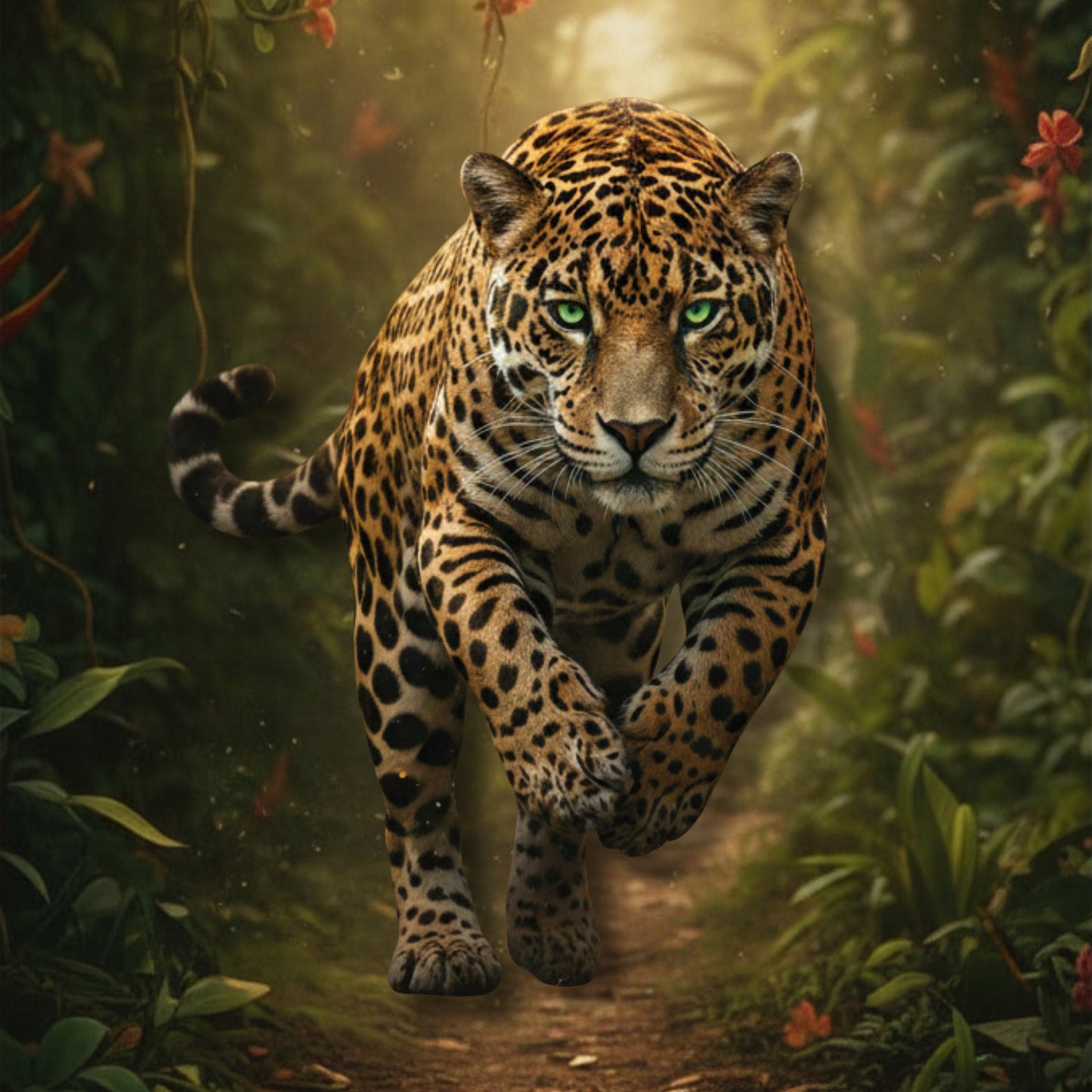 Nahaufnahme des Jaguars in dynamischer Bewegung durch den Regenwald mit grünen Augen, markanter Fellzeichnung und atmosphärischer Lichtstimmung.