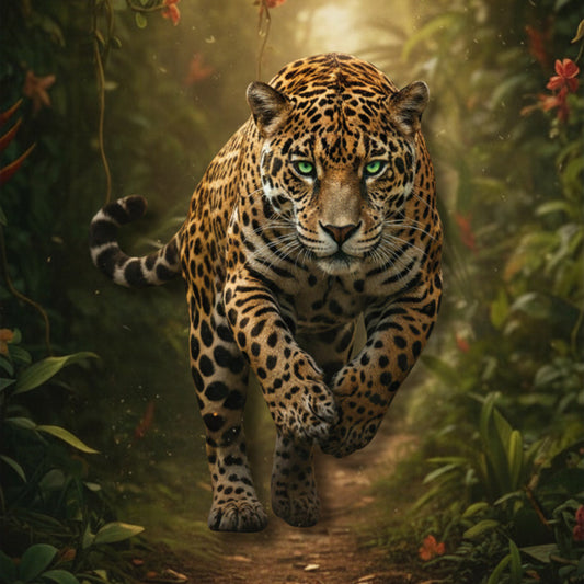 Nahaufnahme des Jaguars in dynamischer Bewegung durch den Regenwald mit grünen Augen, markanter Fellzeichnung und atmosphärischer Lichtstimmung.