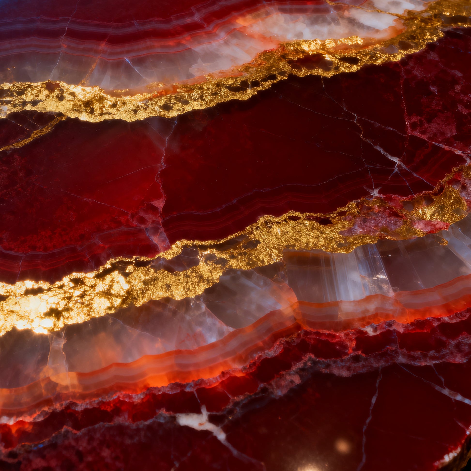 Zoom des Duschvorhangs mit rotem Onyx-Muster in tiefen Rubin-, Kupfer- und Bernsteintönen mit leuchtenden goldenen Mineraladern und detailreicher Steinstruktur 