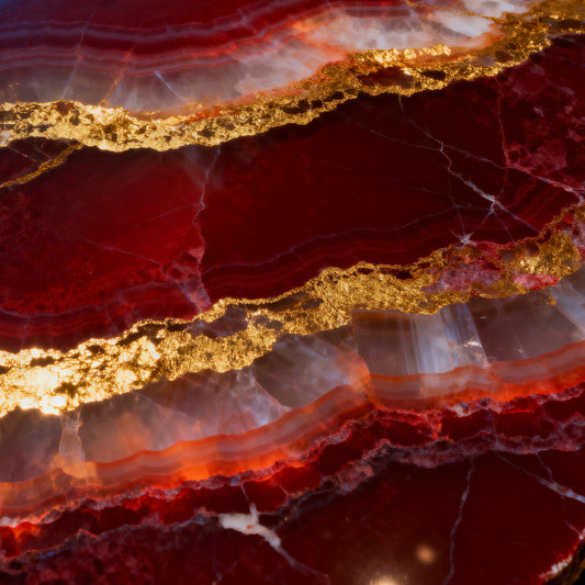 Zoom des Duschvorhangs mit rotem Onyx-Muster in tiefen Rubin-, Kupfer- und Bernsteintönen mit leuchtenden goldenen Mineraladern und detailreicher Steinstruktur 