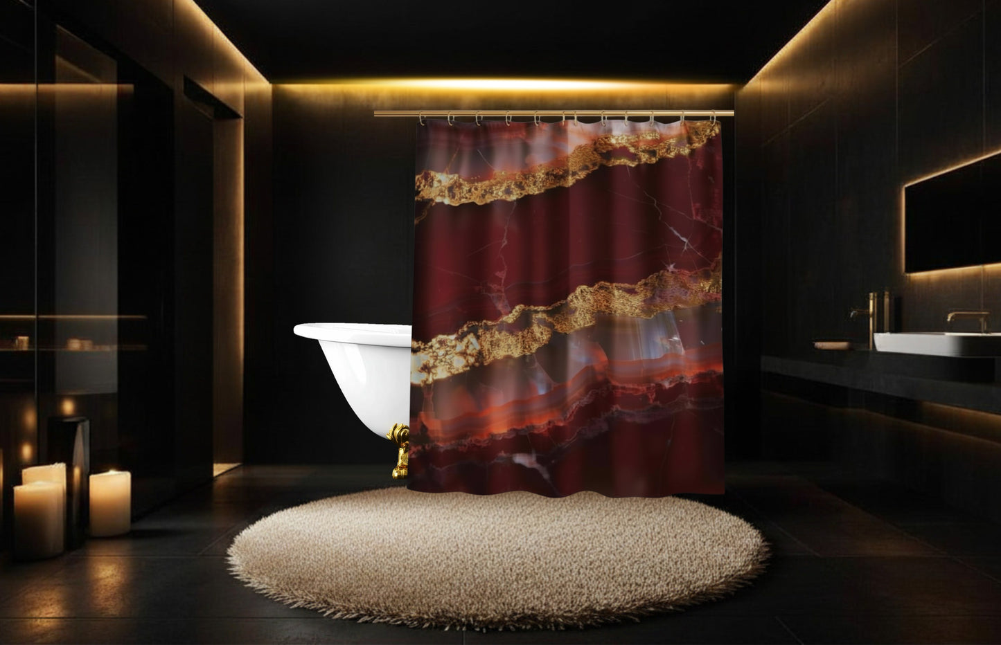 Duschvorhang mit rotem Onyx-Muster und goldenen Mineraladern in einem eleganten Badezimmer mit dunklen Oberflächen, stimmungsvoller Beleuchtung und luxuriöser Atmosphäre