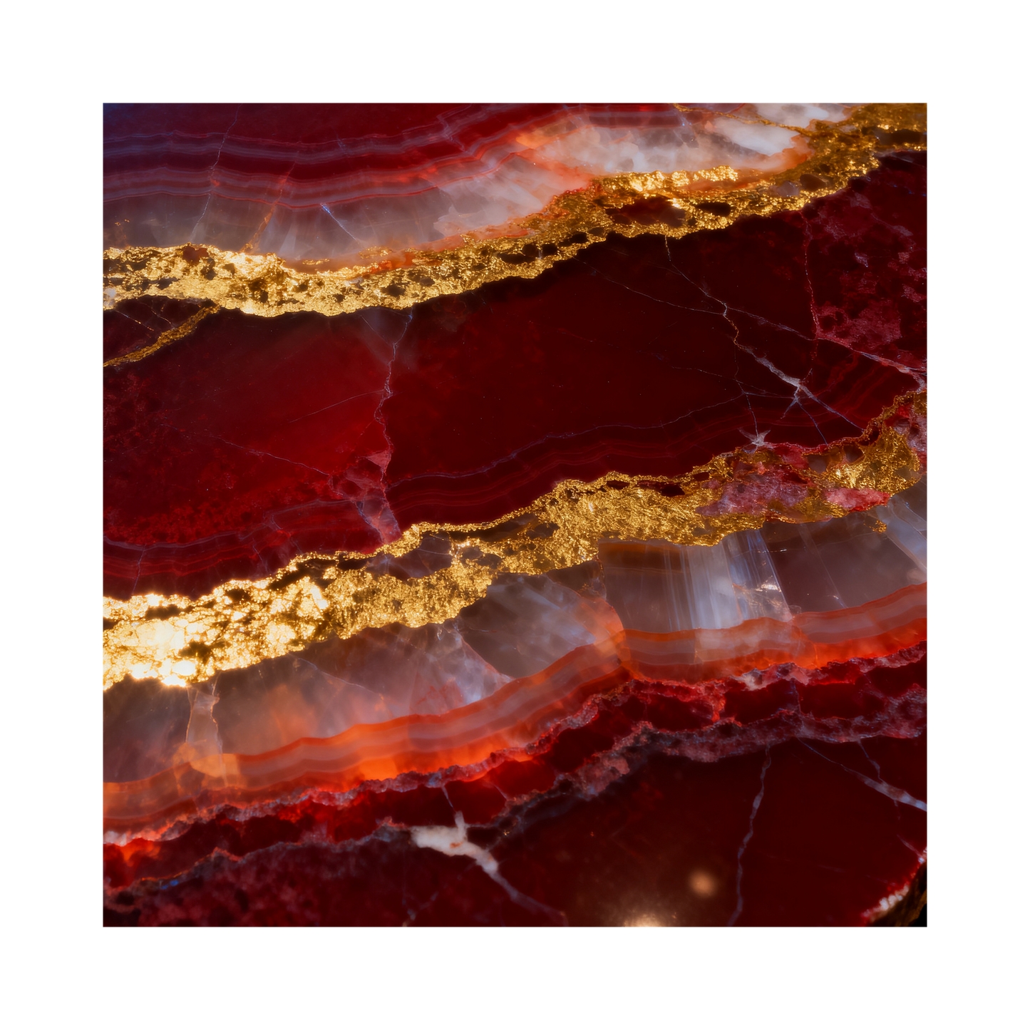 Duschvorhang mit rotem Onyx-Muster und goldenen Mineraladern als freigestelltes Motiv auf transparentem Hintergrund. Sichtbar sind die tiefen Rubin-, Kupfer- und Bernsteintöne sowie die detailreiche Steinstruktur ohne Umgebung oder Mockup.
