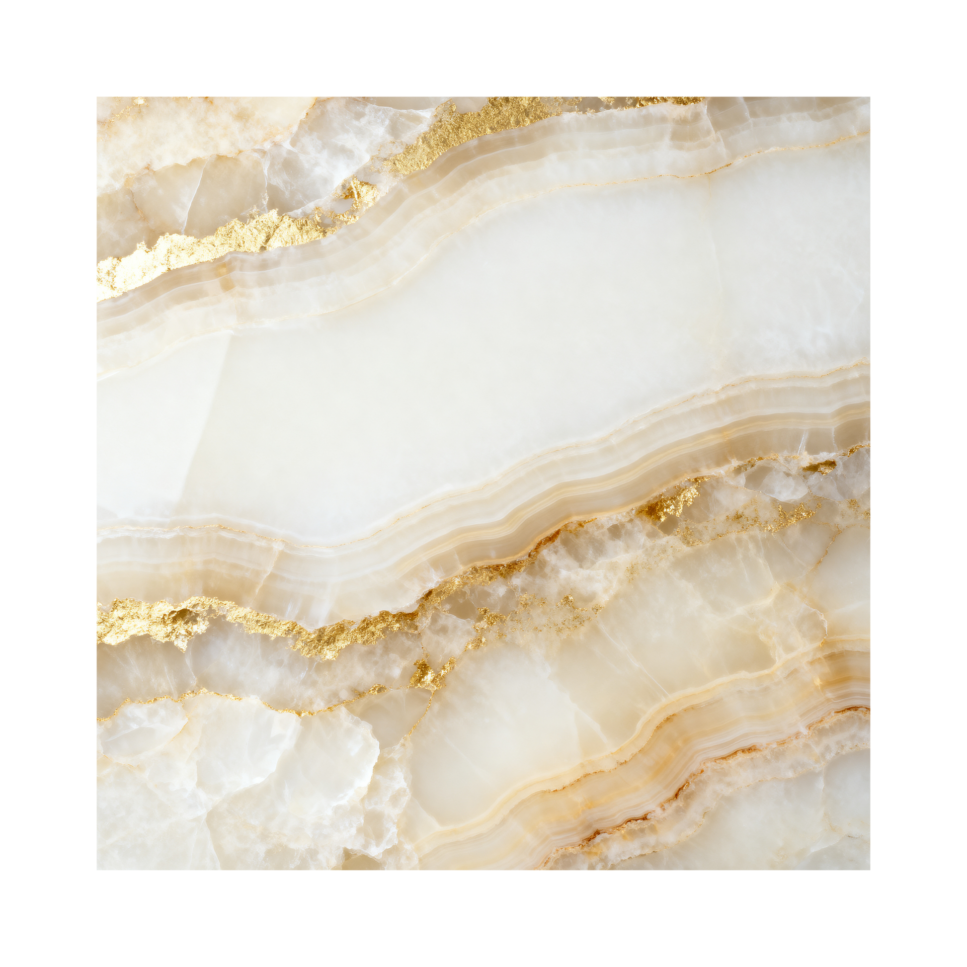 Duschvorhang mit weißem Onyx-Muster, feinen goldenen Mineralstrukturen und heller Natursteinoptik als freigestelltes Motiv auf transparentem Hintergrund. Sichtbar sind die cremefarbenen, elfenbeinfarbenen und champagnerfarbenen Onyxstrukturen ohne Umgebung oder Mockup.
