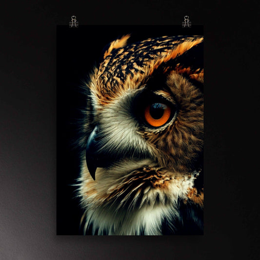 Eule im Close-Up mit intensivem Blick als Poster Wandkunst mit starker Tiefenwirkung