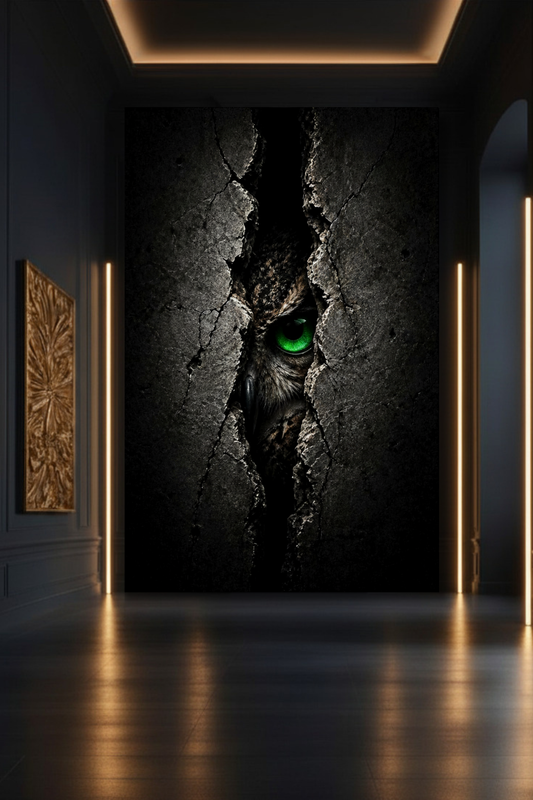 Eulen Leinwand an Galerie-Wand mit Goldakzenten, intensiver Blick aus der Dunkelheit, atmosphärische Wandkunst