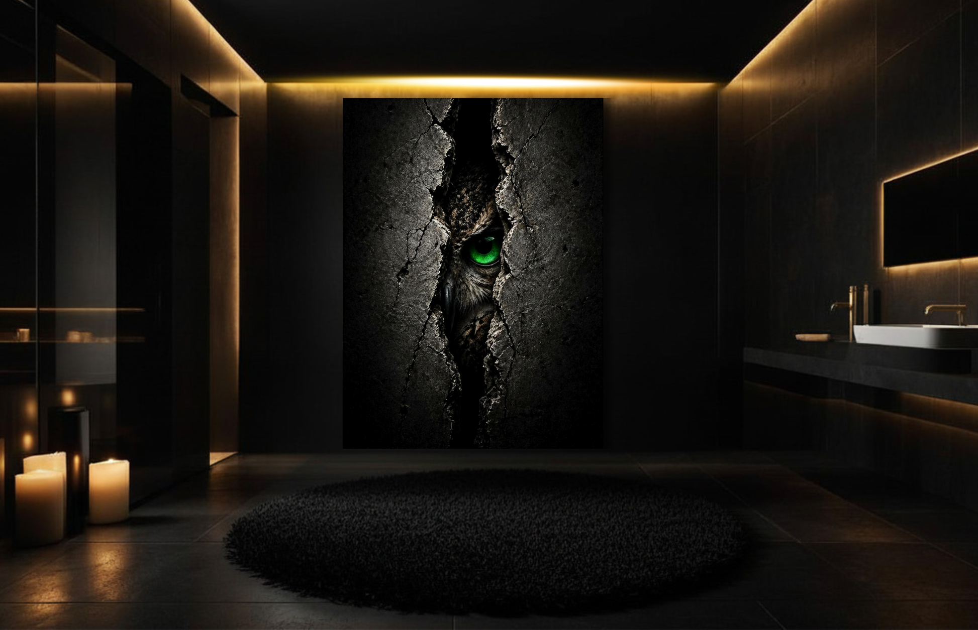Eulen Leinwand, intensiver Blick aus Dunkelheit, elegante Wandkunst in luxuriösem Badezimmer mit indirekter Beleuchtung und stimmungsvoller Kerzenbeleuchtung 