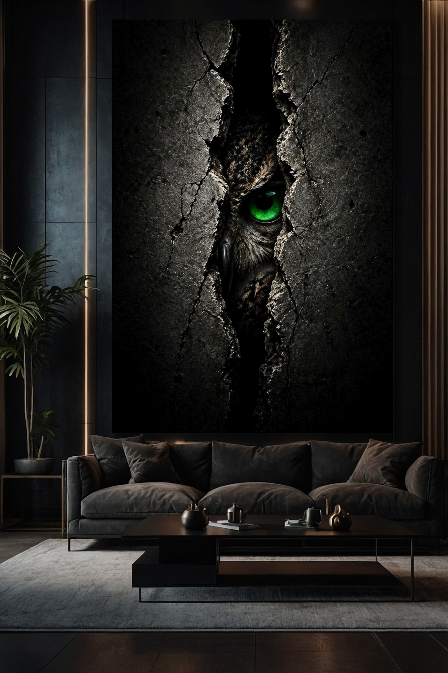 Eulen Leinwand über einem Sofa, intensiver Blick aus Dunkelheit, mystische, stimmungsvolle Atmosphäre in elegantem Wohnzimmer mit dunkler Wand