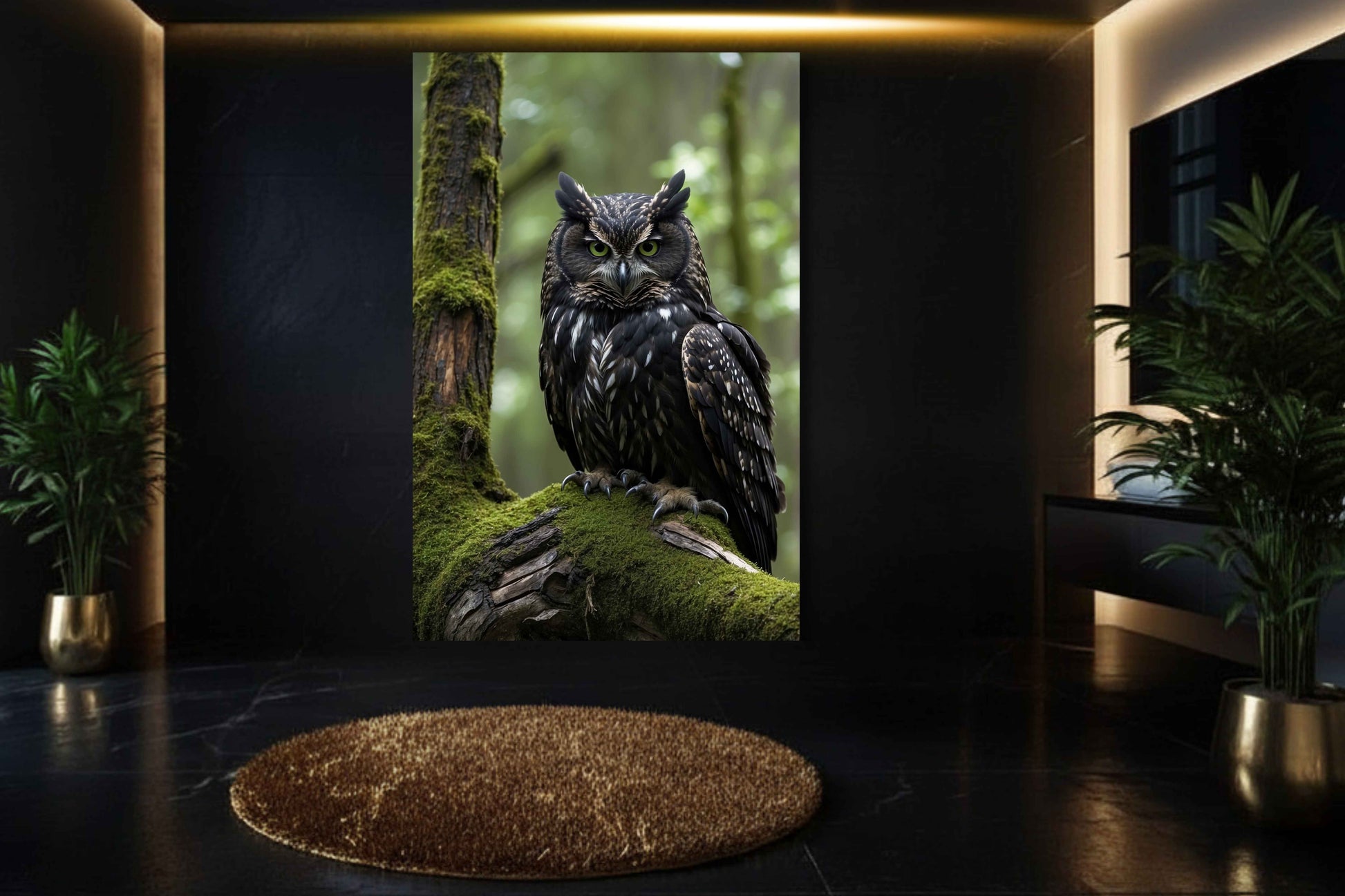 Eule auf moosigem Baumstamm als Poster in luxuriösem Badezimmer mit dunkler Wand und Goldakzenten