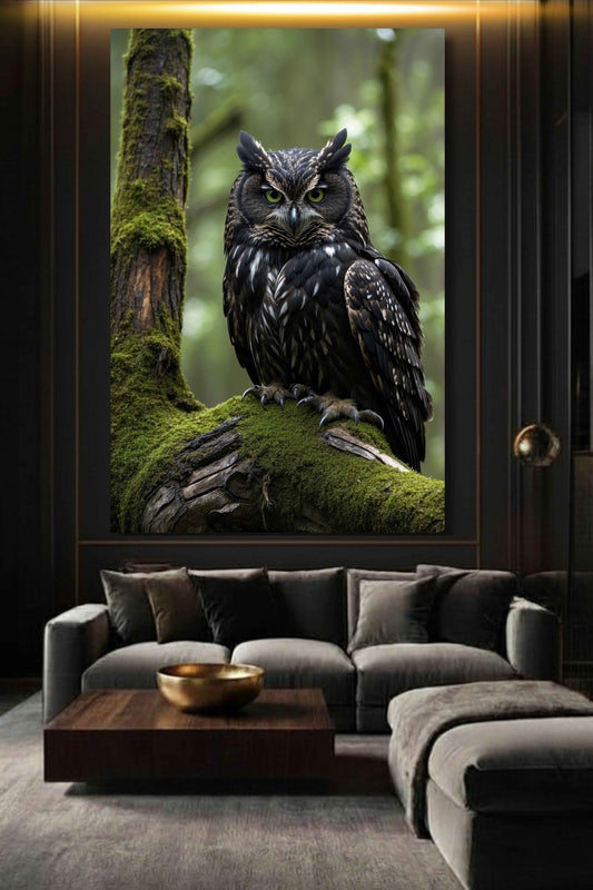 Eule Wandkunst auf moosigem Baumstamm als atmosphärisches Poster in stilvollem Wohnzimmer