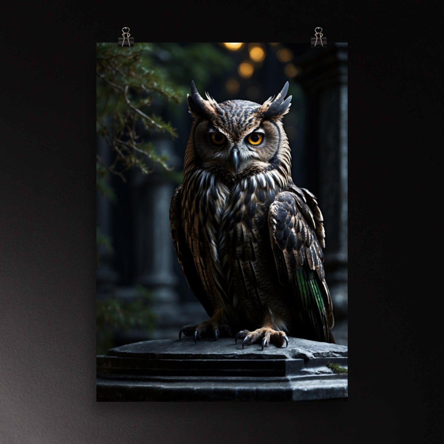 Eule Poster als Wandkunst mit klarem, konzentriertem Blick und detailliertem Gefieder vor dunklem Hintergrund