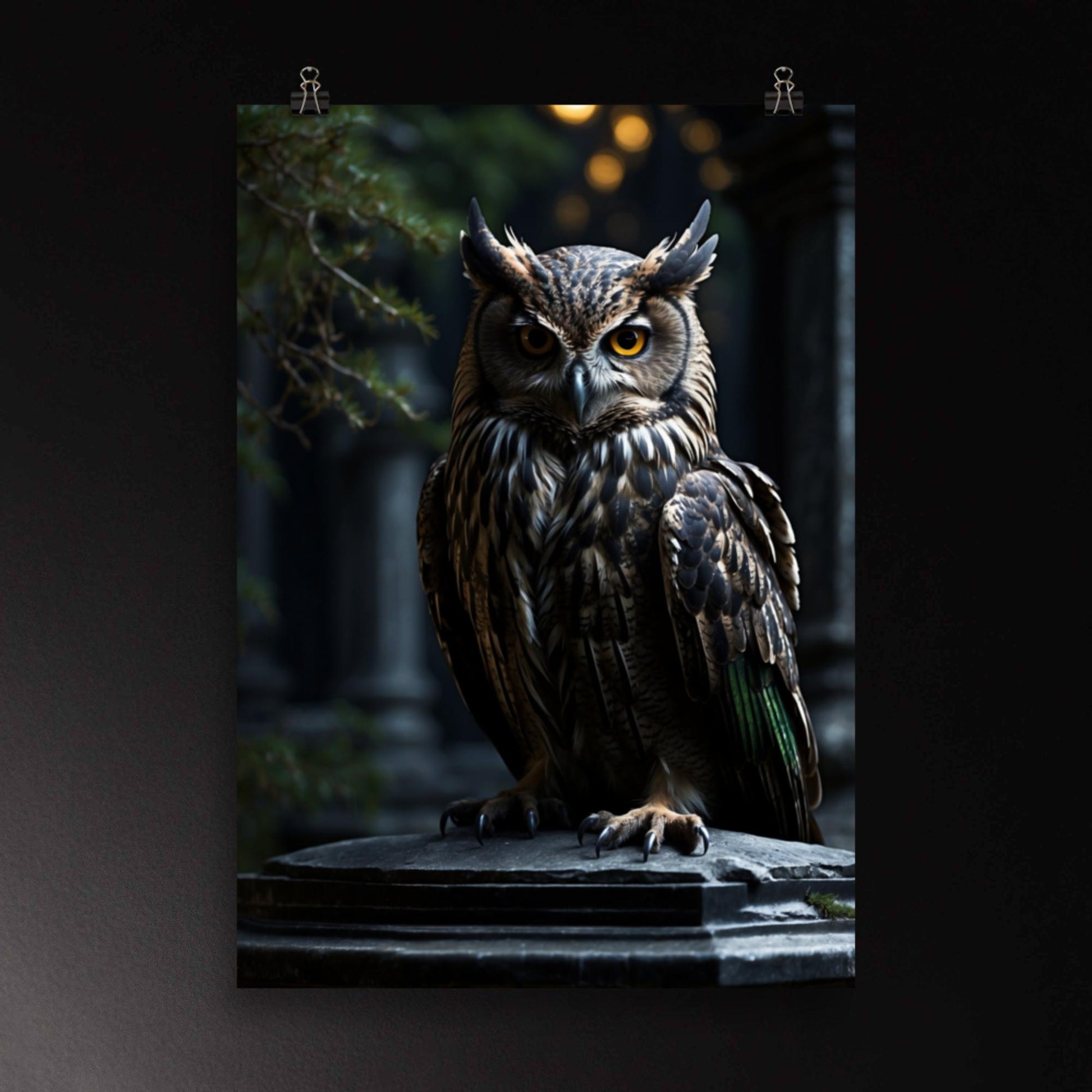 Eule Poster als Wandkunst mit klarem, konzentriertem Blick und detailliertem Gefieder vor dunklem Hintergrund