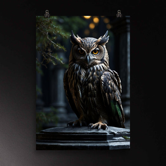 Eule Poster als Wandkunst mit klarem, konzentriertem Blick und detailliertem Gefieder vor dunklem Hintergrund