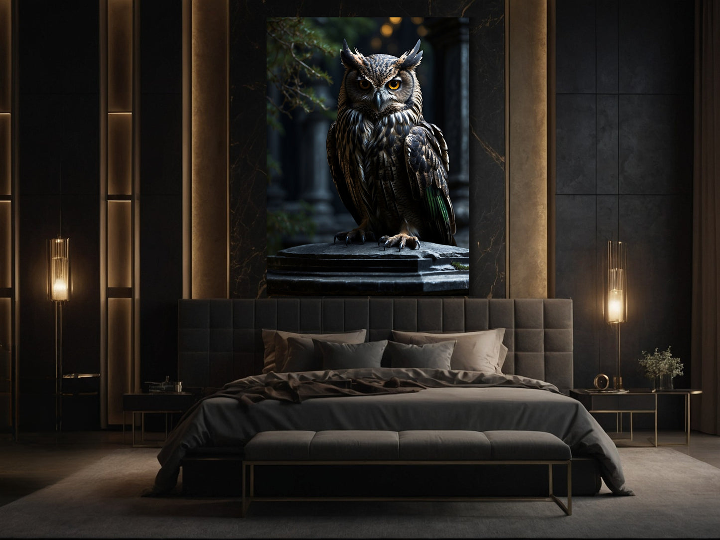 Eule Poster als Wandkunst über einem Bett in einem stilvollen Schlafzimmer mit warmer Beleuchtung und ruhiger Atmosphäre