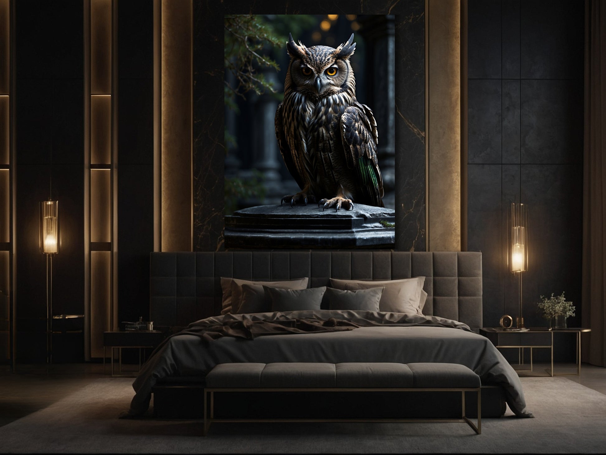 Eule Poster als Wandkunst über einem Bett in einem stilvollen Schlafzimmer mit warmer Beleuchtung und ruhiger Atmosphäre